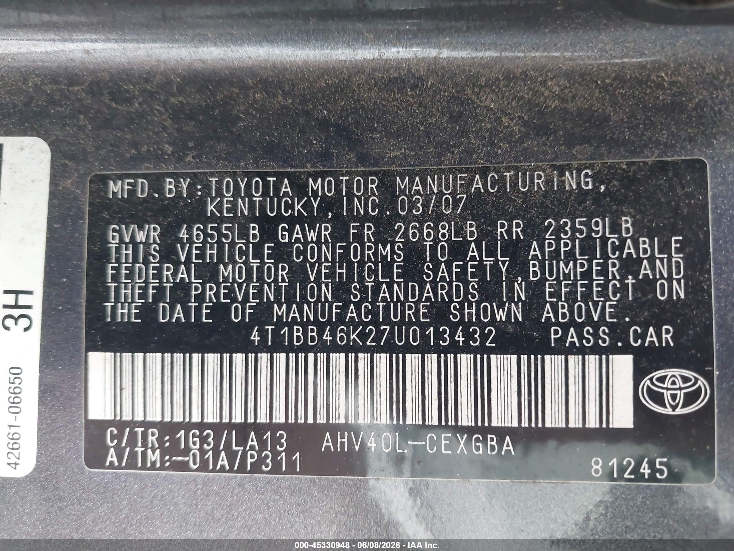2007 Toyota Camry Hybrid VIN 4T1BB46K27U013432 IAAI salvage auction — Normal Wear, Clear - Dealer Only (California), sold $500 on 2026-07-09 (photo 9)