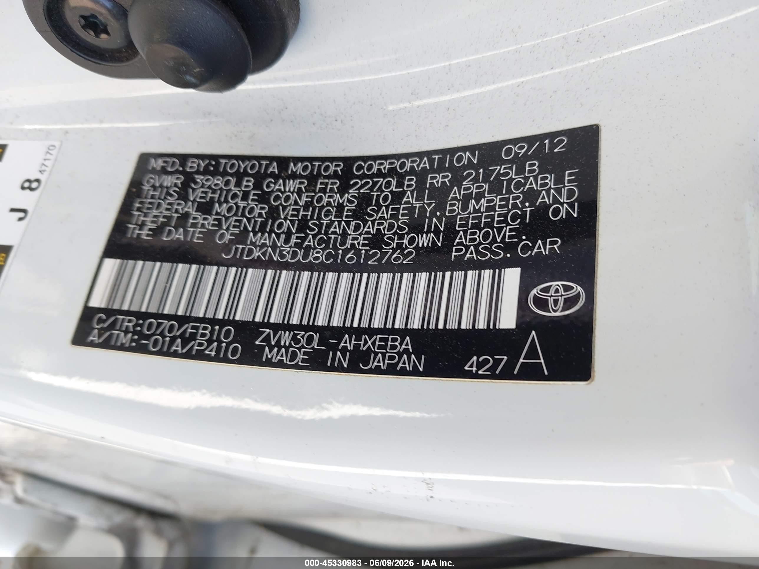 2012 Toyota Prius VIN JTDKN3DU8C1612762 IAAI salvage auction — Normal Wear, Salvage (California), sold $2,725 on 2026-07-06 (photo 9)