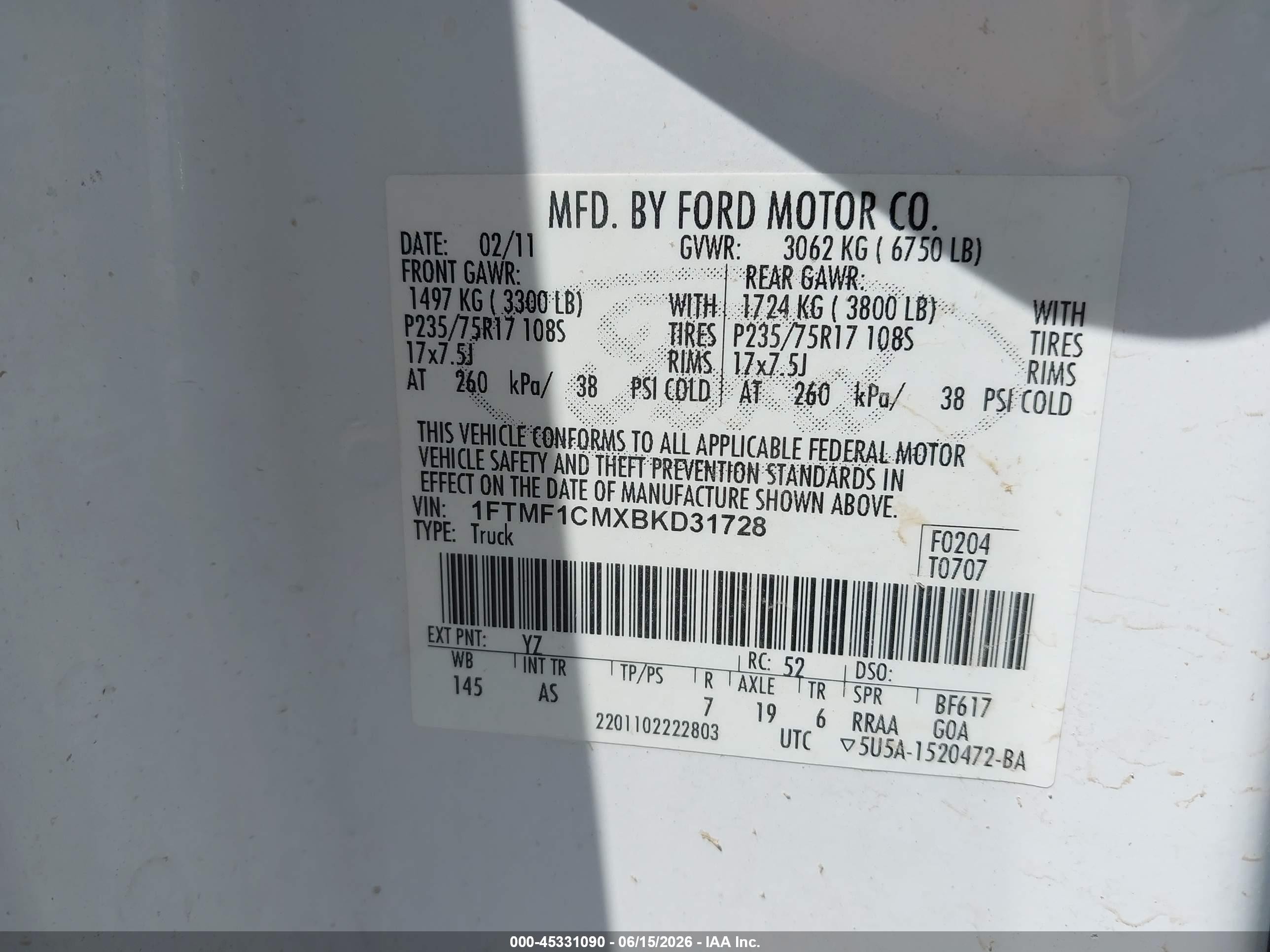 2011 Ford F-150 VIN 1FTMF1CMXBKD31728 IAAI salvage auction — Normal Wear, Clear (New Mexico), sold $650 on 2026-07-06 (photo 9)