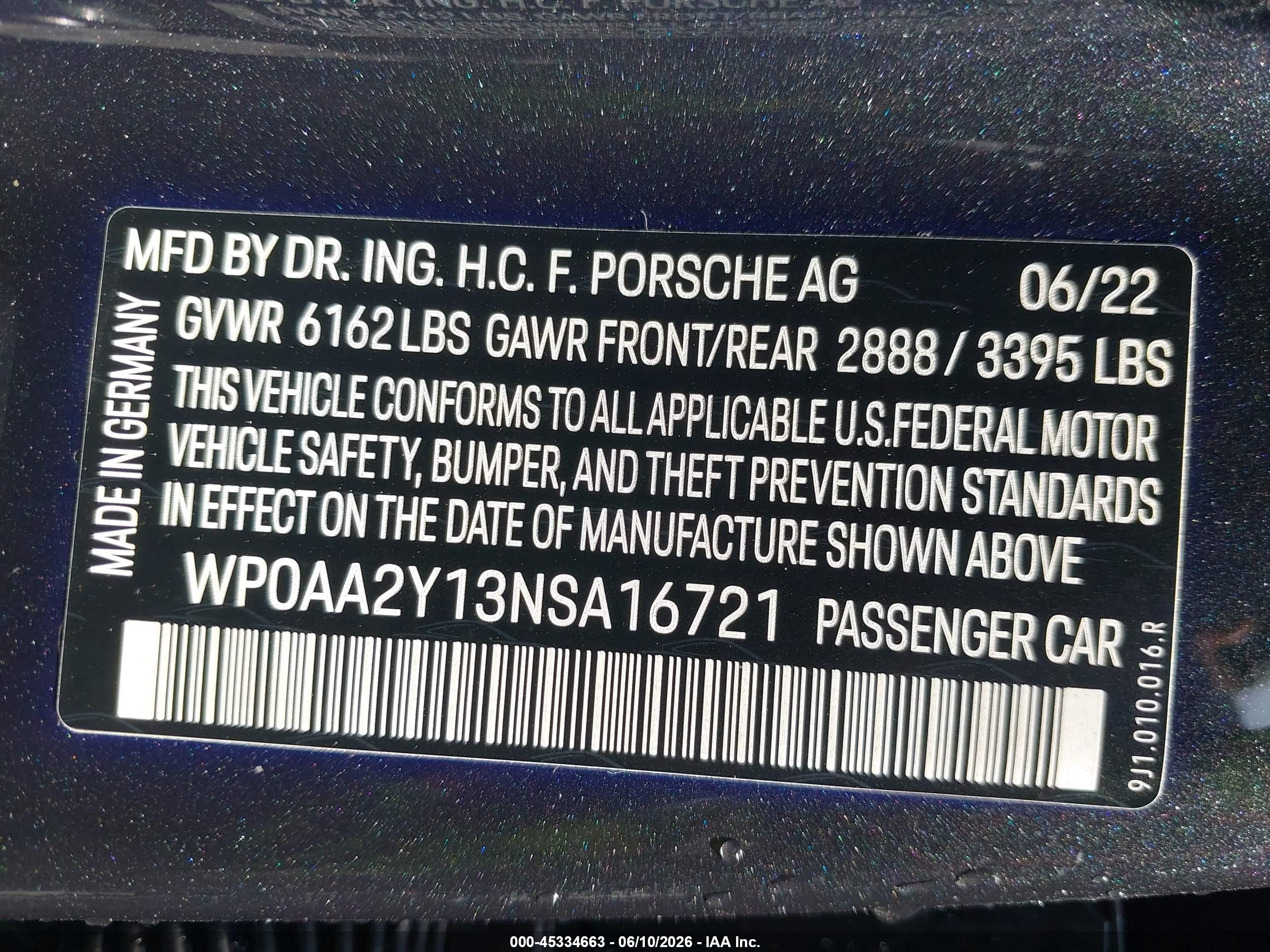 2022 Porsche Taycan VIN WP0AA2Y13NSA16721 IAAI salvage auction — Rear End, Salvage - 75% Or Less (Maryland), sold $31,500 on 2026-08-26 (photo 9)