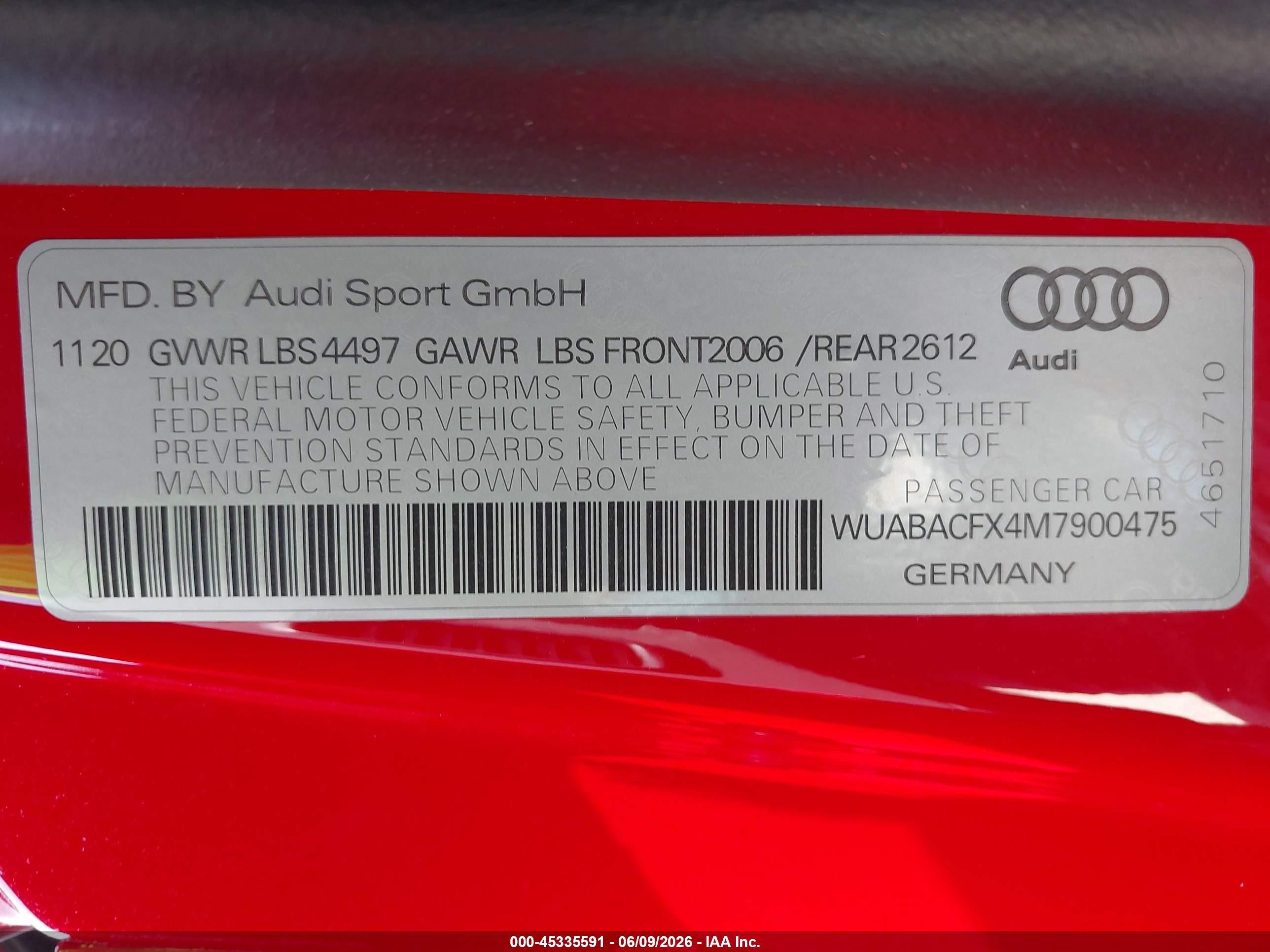 2021 Audi R8 VIN WUABACFX4M7900475 IAAI salvage auction — Side, Salvage (Maine), sold $70,750 on 2026-08-10 (photo 9)