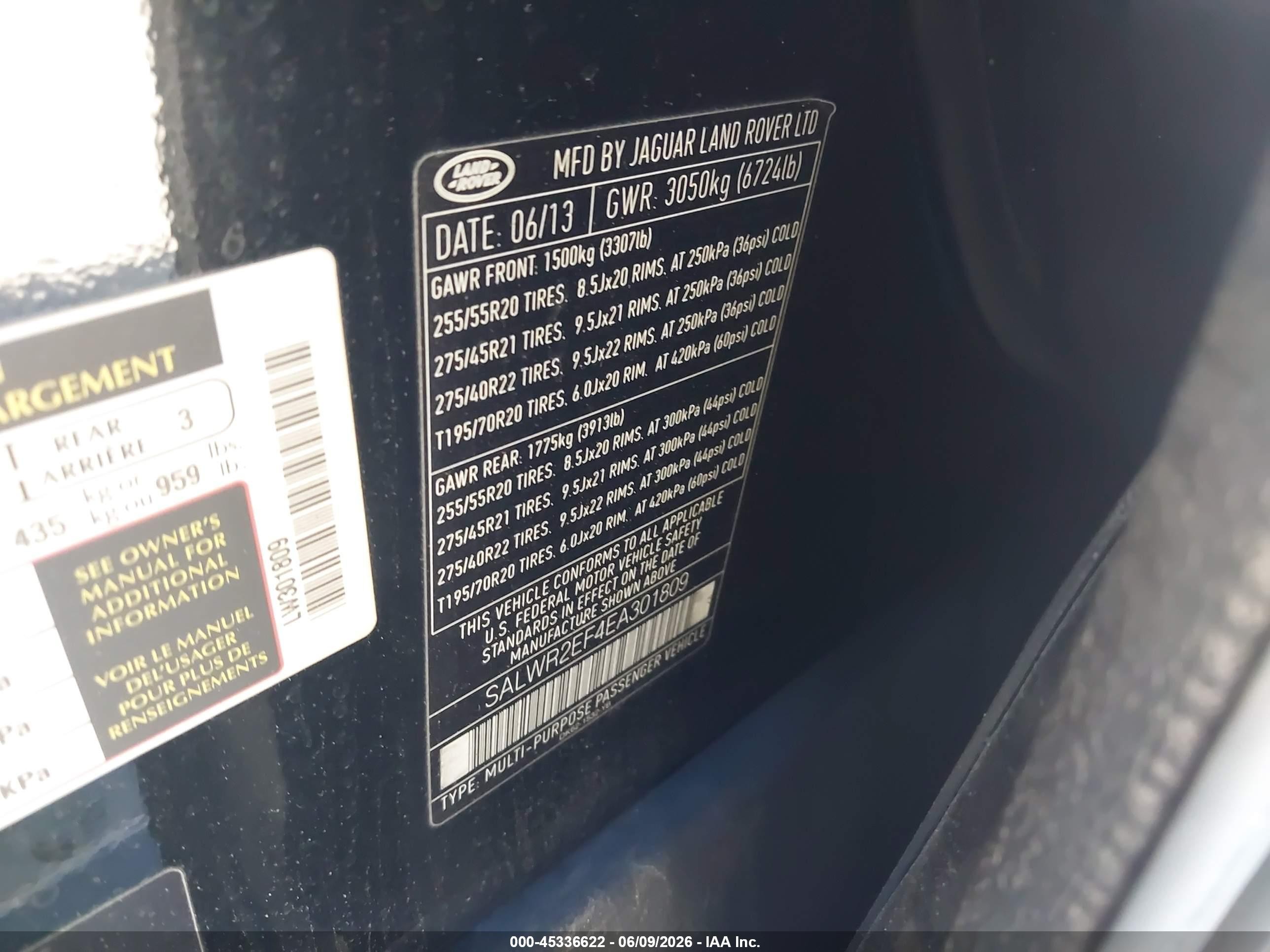 2014 Land rover Range rover sport VIN SALWR2EF4EA301809 IAAI salvage auction — Front End, Mv-907A (New York), sold $2,100 on 2026-09-11 (photo 9)