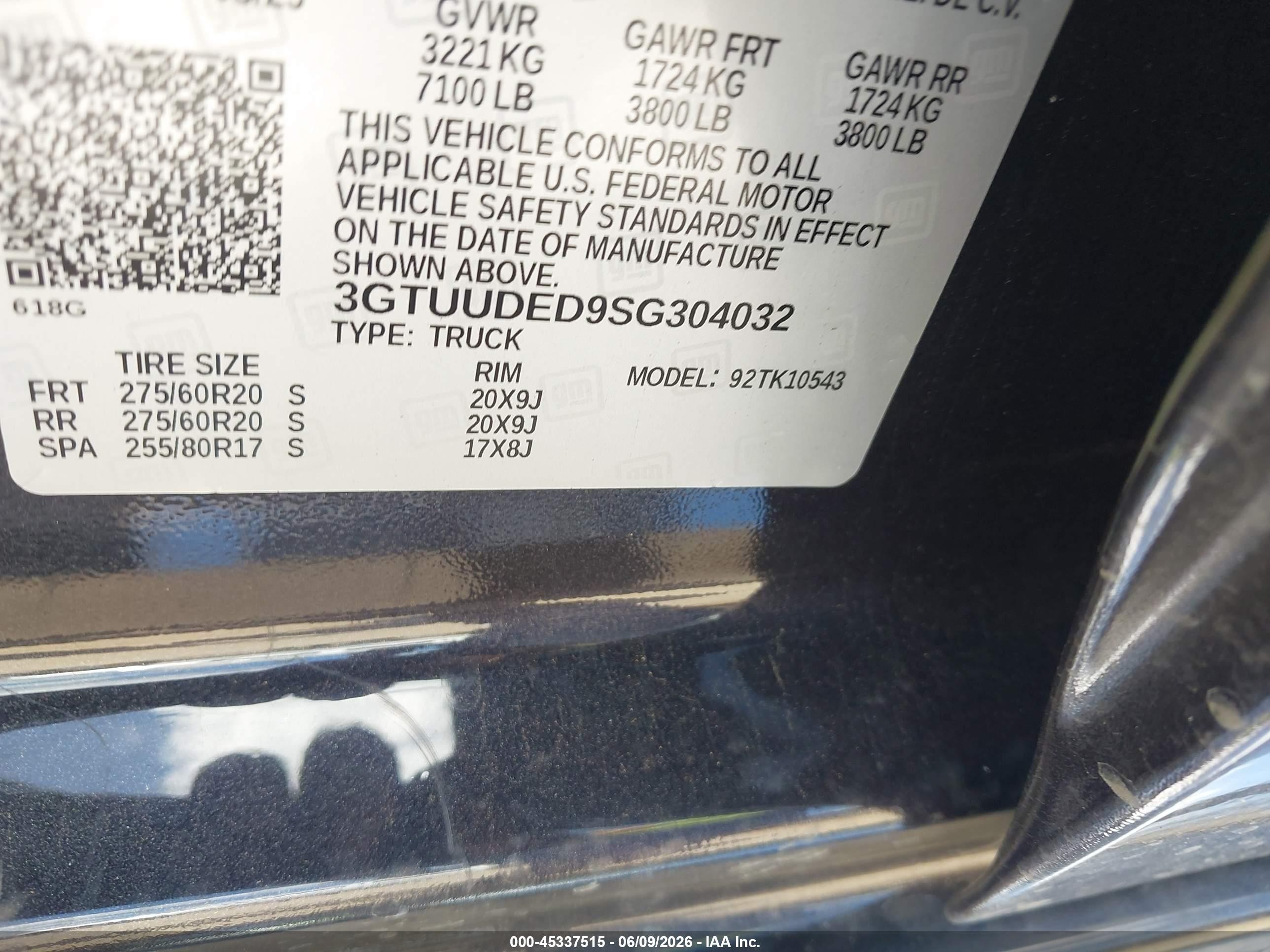 2025 Gmc SIERRA VIN 3GTUUDED9SG304032 IAAI salvage auction — Front End, Original (Texas), sold $24,100 on 2026-08-18 (photo 9)
