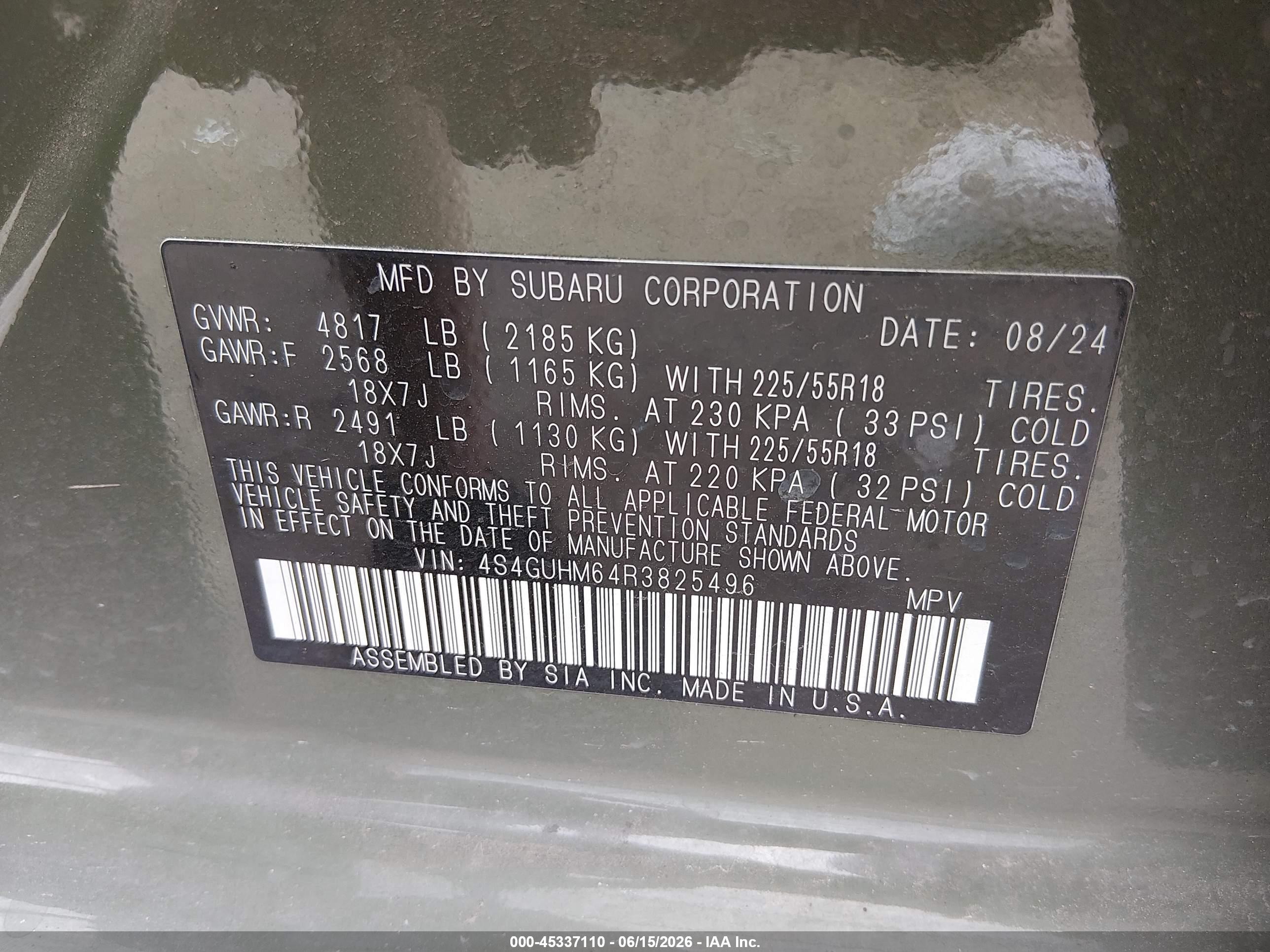 2024 Subaru Crosstrek VIN 4S4GUHM64R3825496 IAAI salvage auction — All Over, Original (Texas), sold $4,200 on 2026-08-06 (photo 9)
