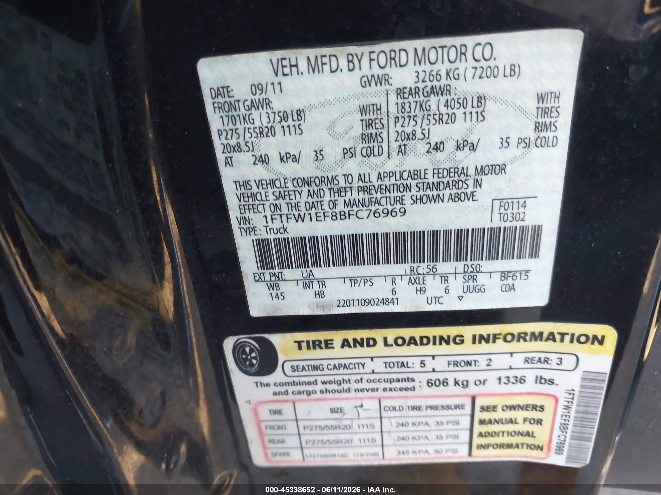 2011 Ford F-150 VIN 1FTFW1EF8BFC76969 IAAI salvage auction — Front End, Original (Texas), sold $3,400 on 2026-07-10 (photo 9)