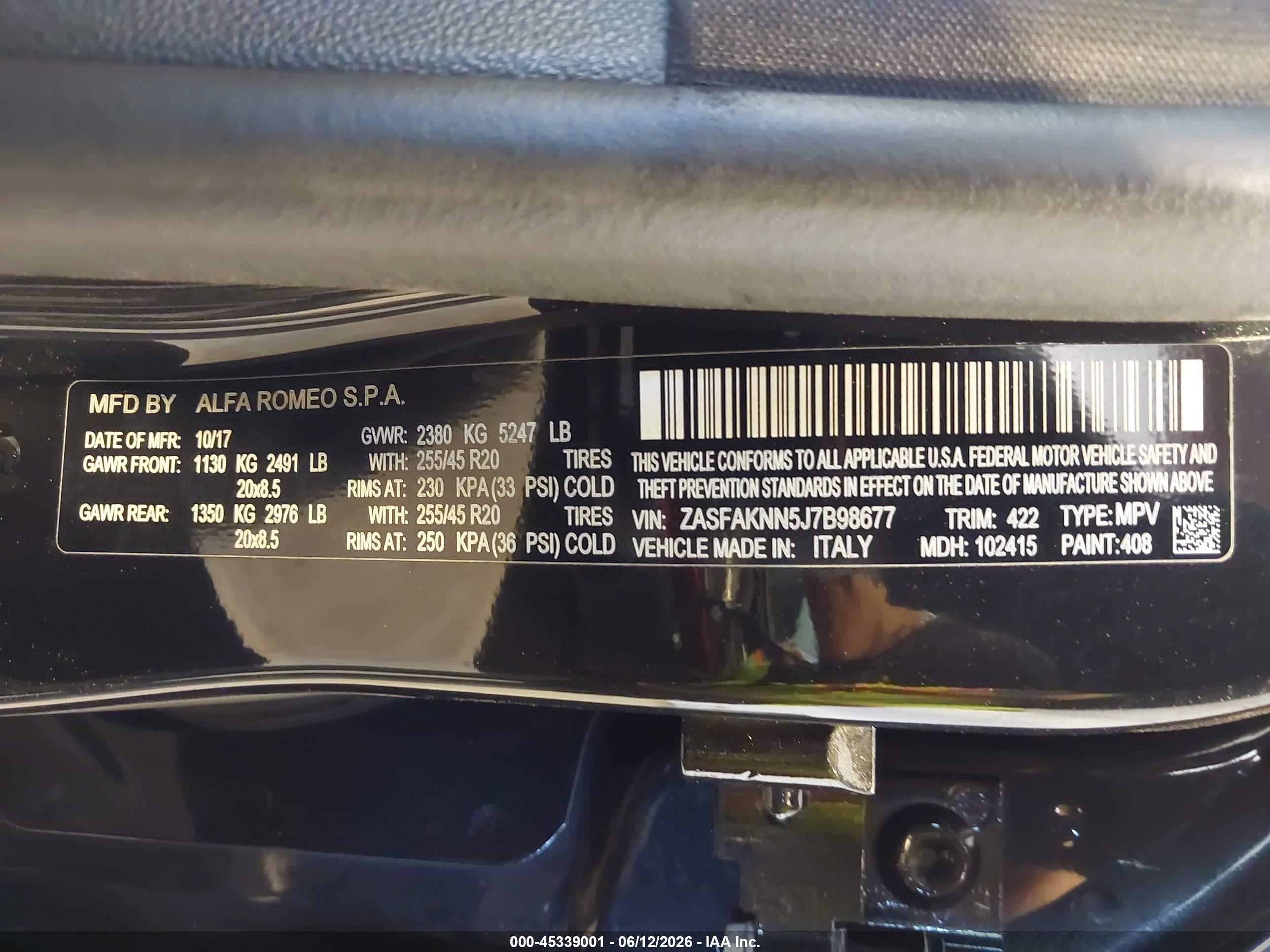 2018 Alfa romeo Stelvio VIN ZASFAKNN5J7B98677 IAAI salvage auction — Unknown, Salvage (Utah), sold $350 on 2026-09-08 (photo 9)