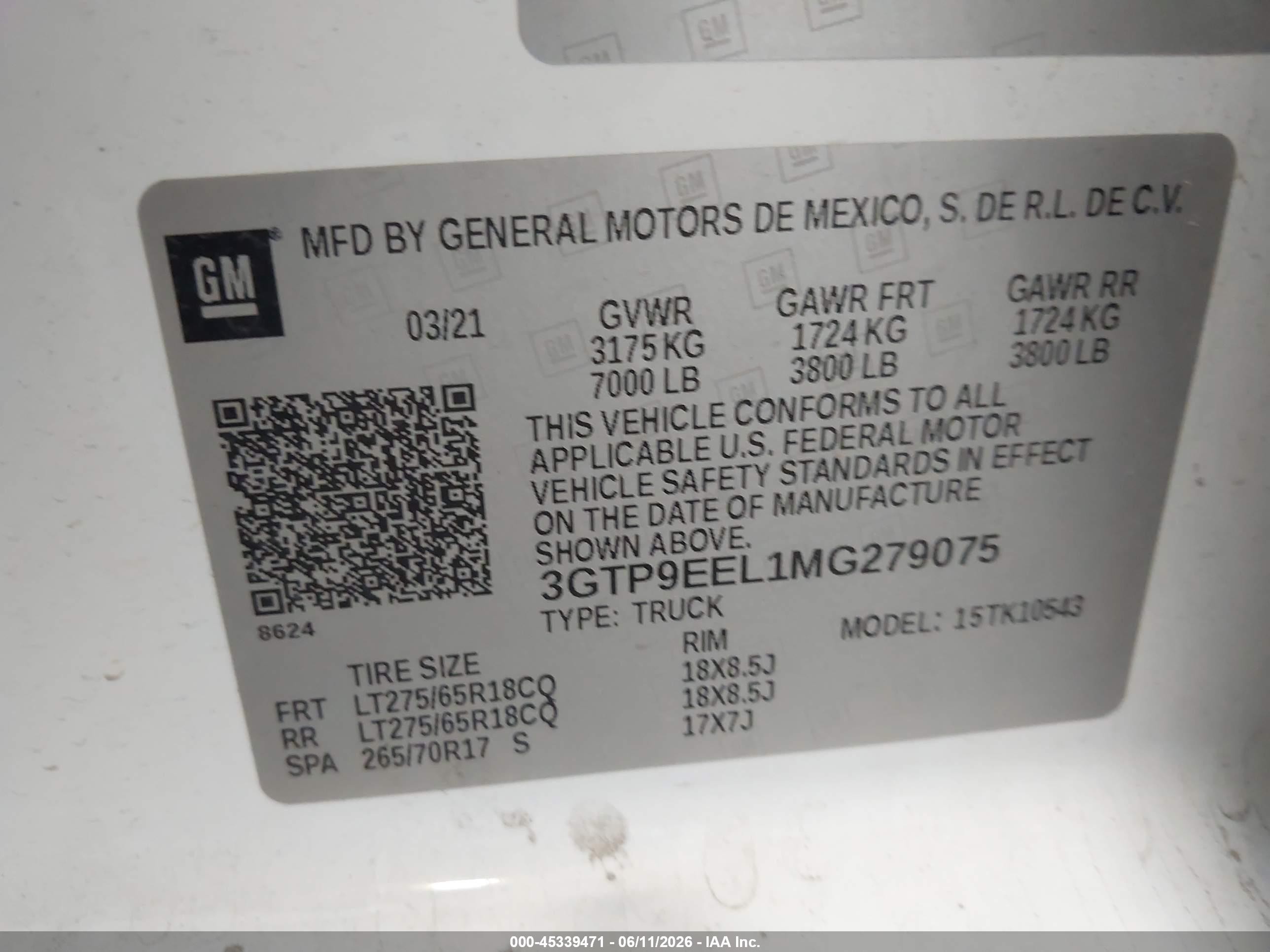 2021 GMC Sierra 1500 VIN 3GTP9EEL1MG279075 IAAI salvage auction — Unknown, Salvage (Colorado), sold $8,250 on 2026-09-16 (photo 9)