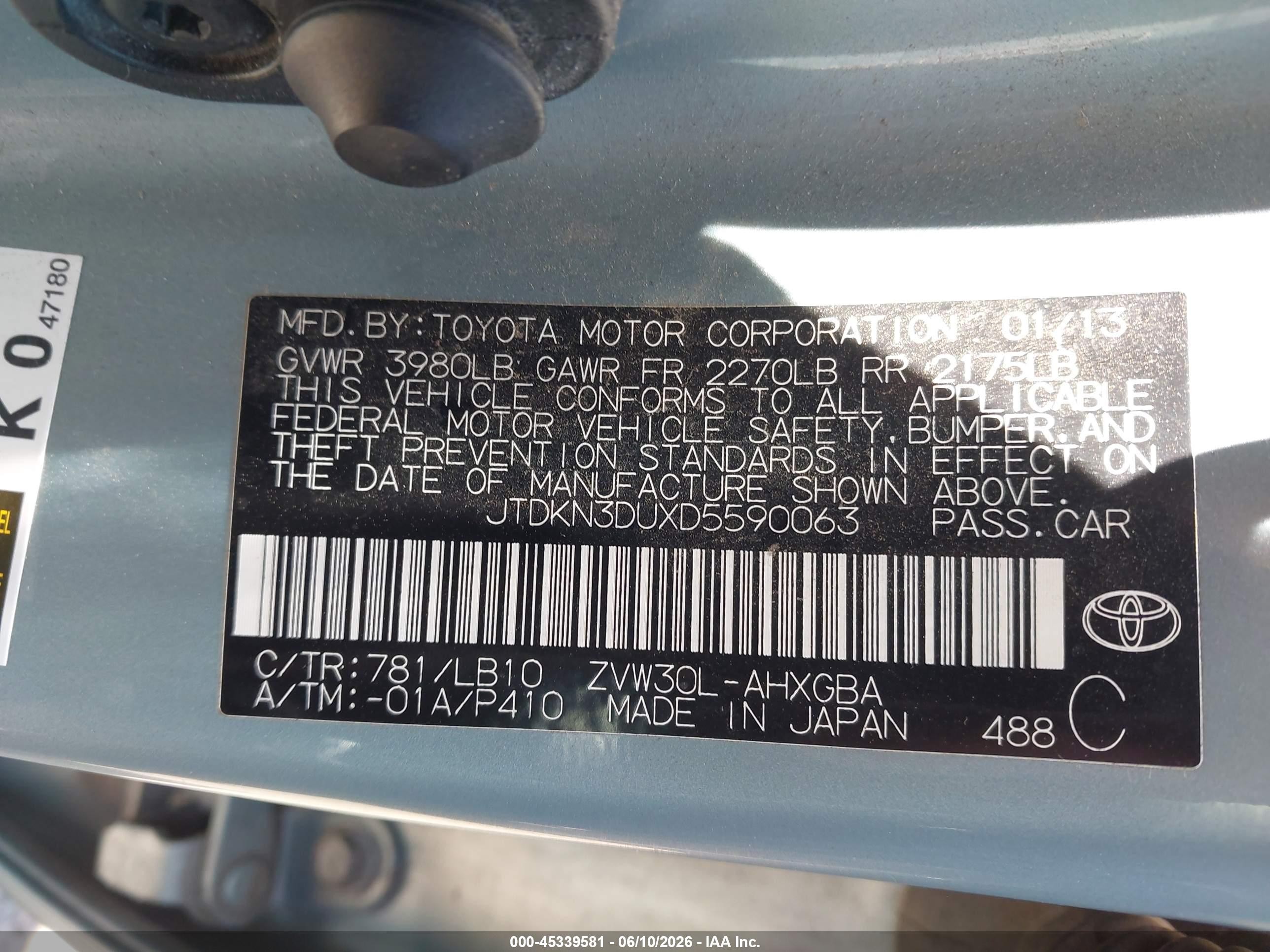 2013 Toyota Prius VIN JTDKN3DUXD5590063 IAAI salvage auction — Front End, Salvage (Arizona), sold $1,950 on 2026-07-03 (photo 9)