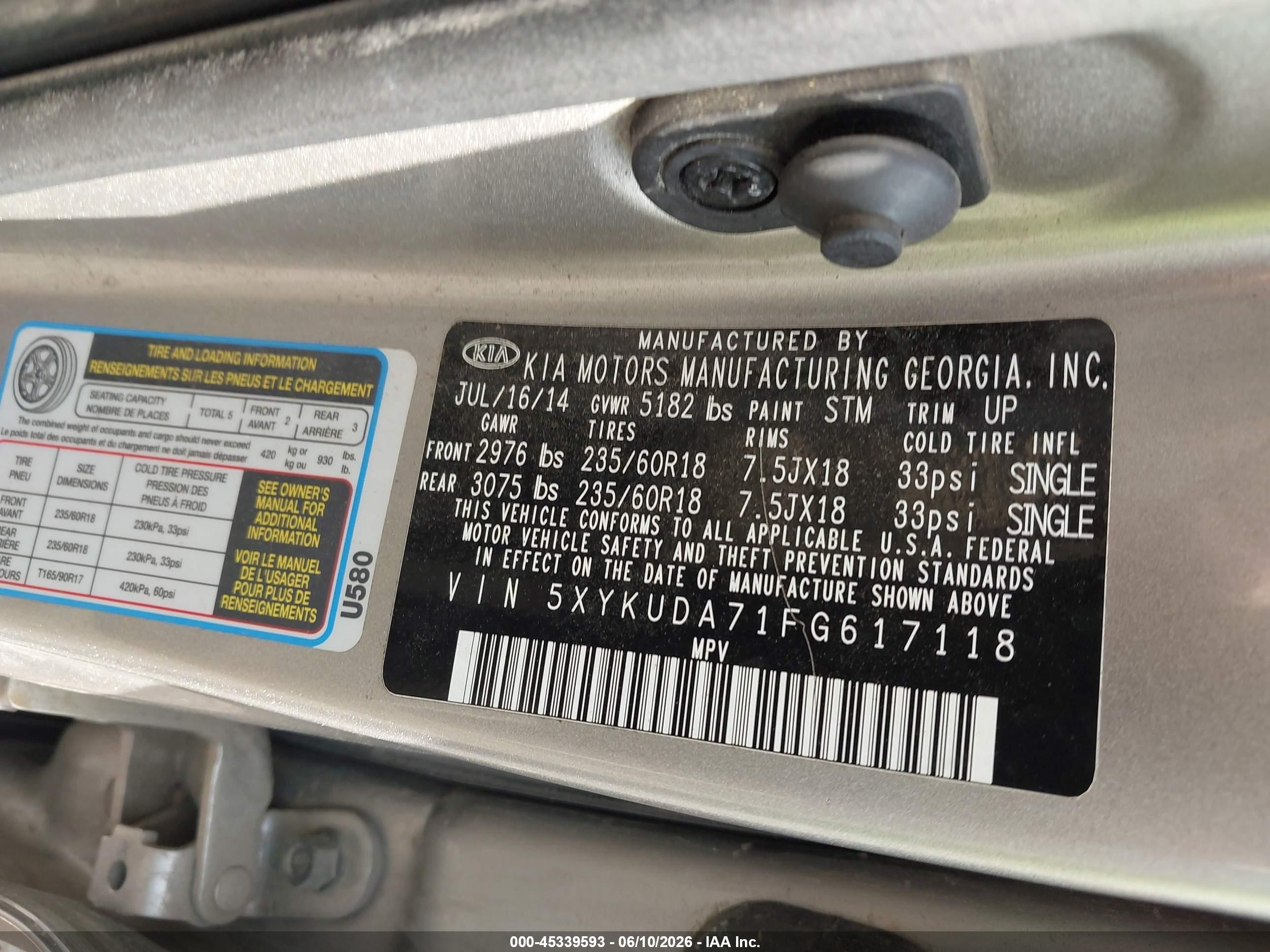 2015 Kia Sorento VIN 5XYKUDA71FG617118 IAAI salvage auction — Front End, Clear (Indiana), sold $375 on 2026-07-11 (photo 9)