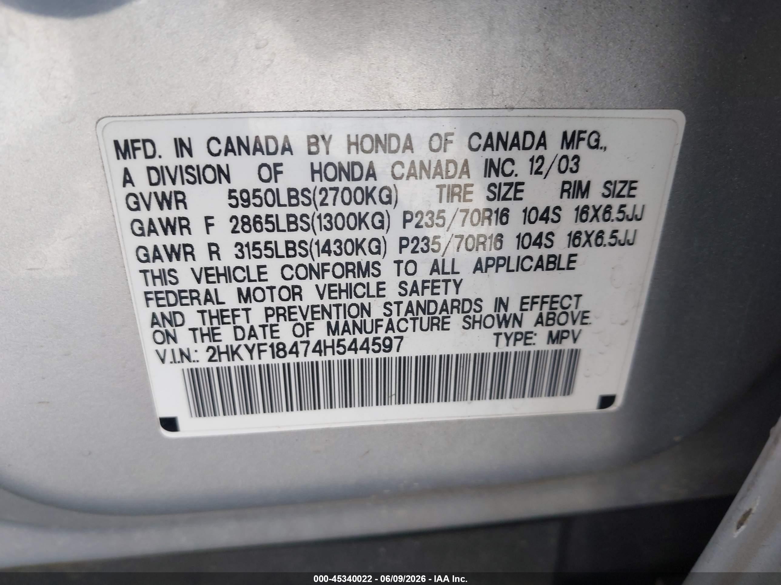 2004 Honda Pilot VIN 2HKYF18474H544597 IAAI salvage auction — Normal Wear, Clear - Dealer Only (California), sold $350 on 2026-07-09 (photo 9)