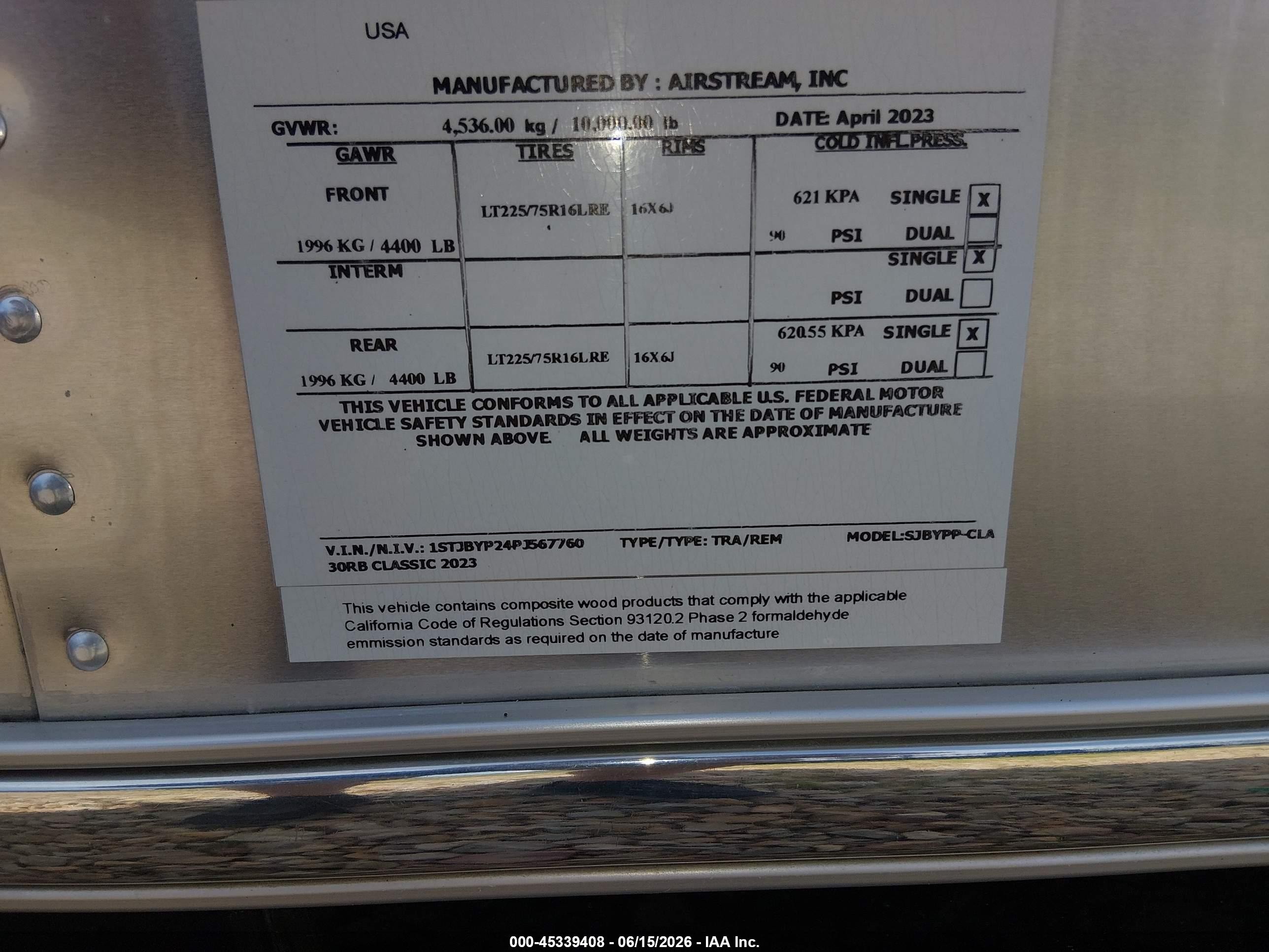 2023 Airstream Classic VIN 1STJBYP24PJ567760 IAAI salvage auction — Frame Damage, Salvage (Wisconsin), sold $22,750 on 2026-07-09 (photo 9)
