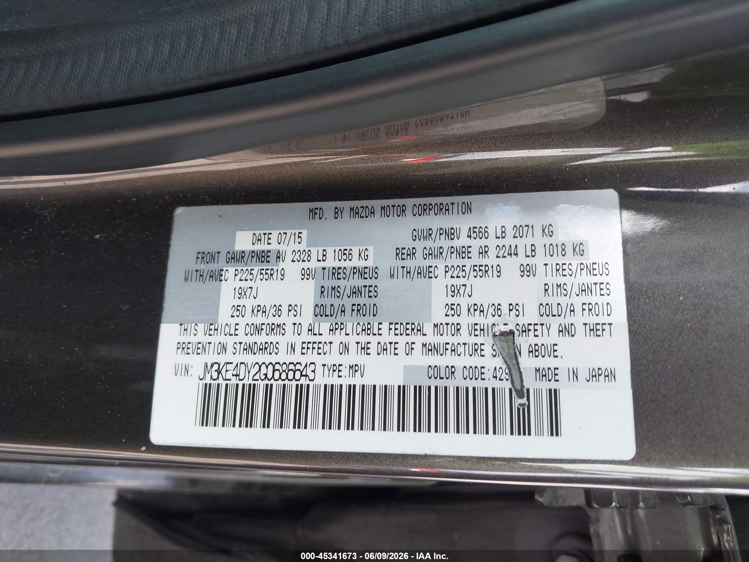 2016 Mazda Cx-5 VIN JM3KE4DY2G0686643 IAAI salvage auction — Unknown, Salvage (Illinois), sold $2,500 on 2026-09-08 (photo 9)