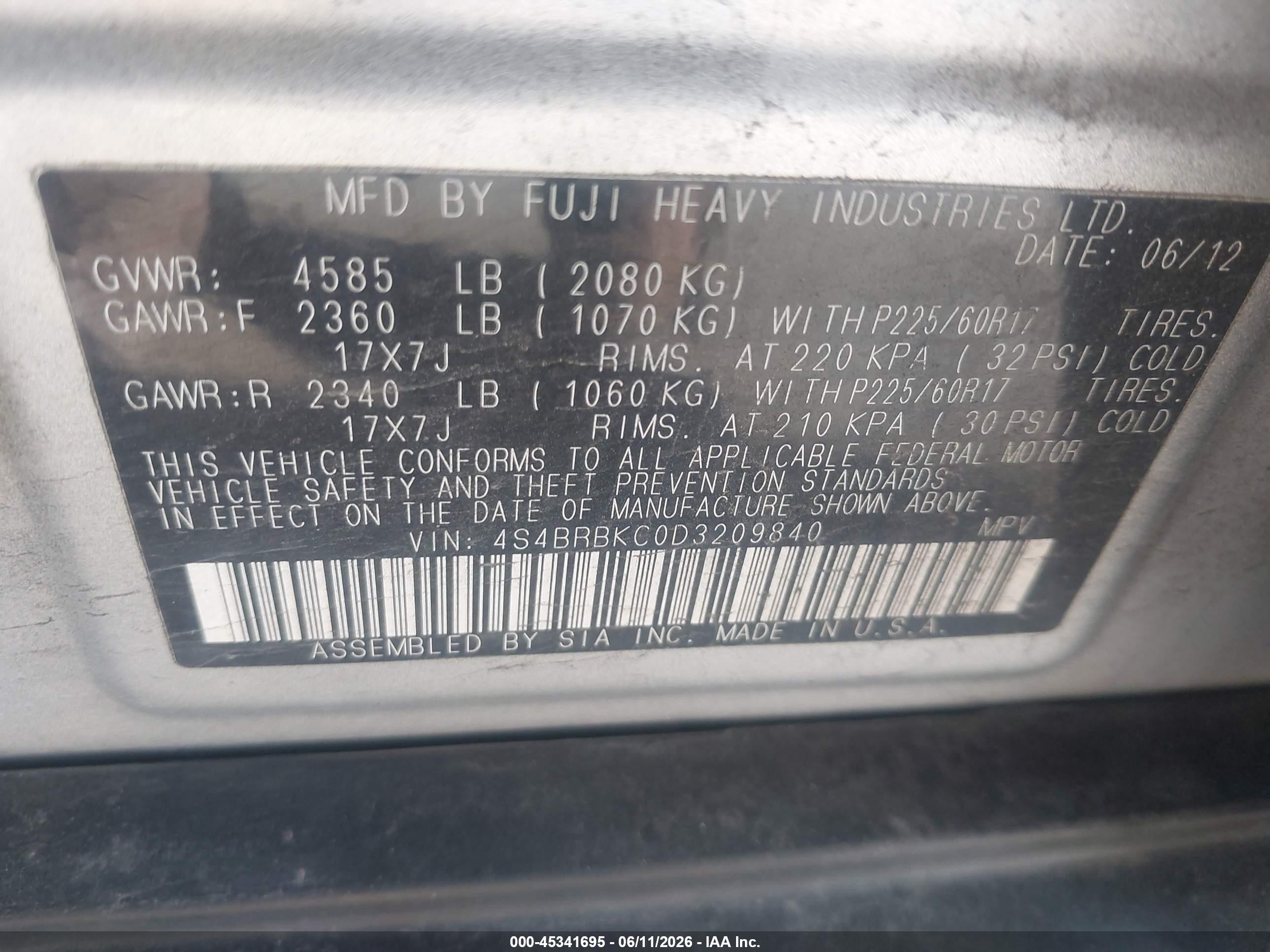 2013 Subaru Outback VIN 4S4BRBKC0D3209840 IAAI salvage auction — Normal Wear, Clear (Utah), sold $275 on 2026-07-09 (photo 9)