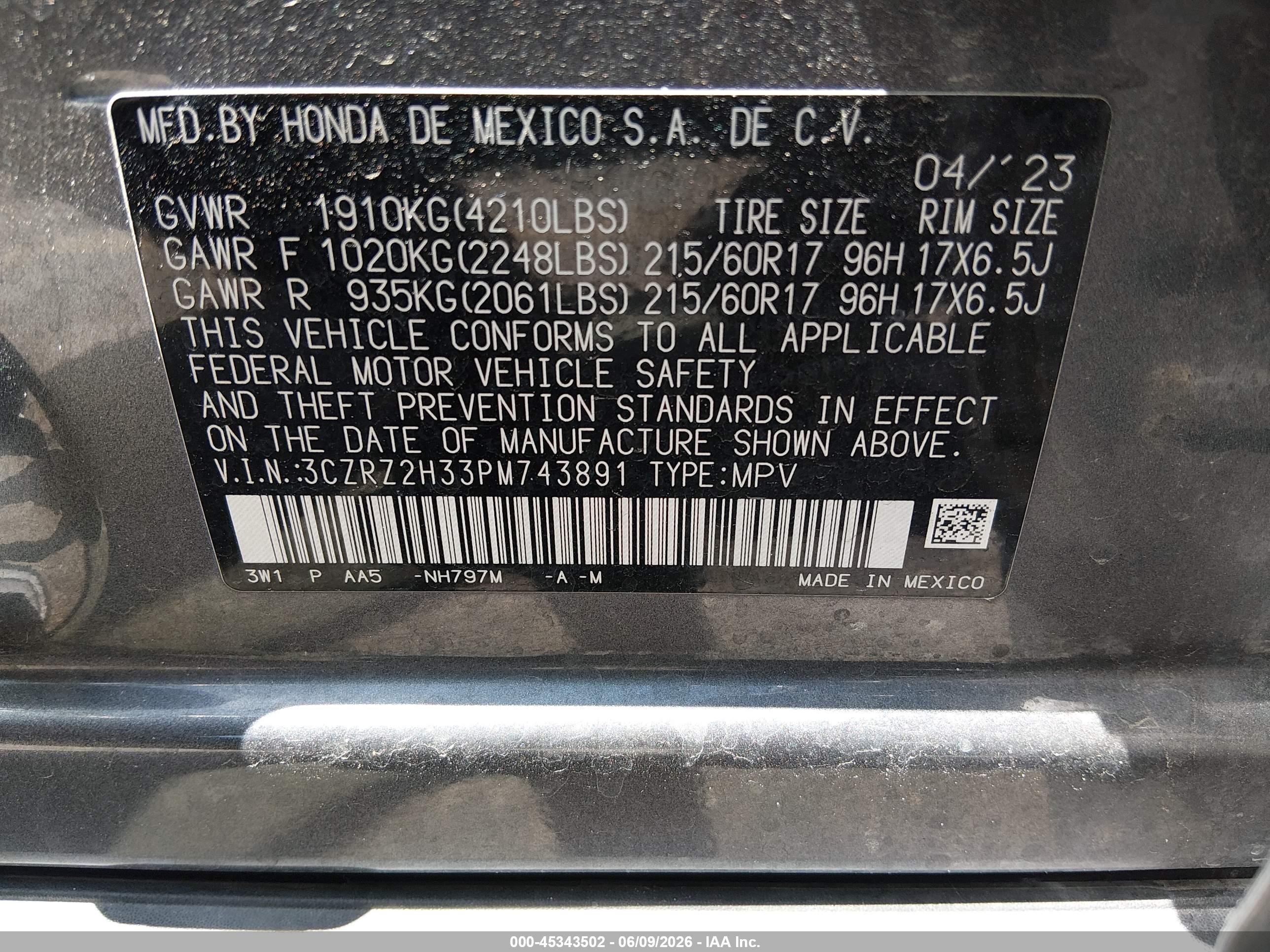 2023 Honda HR-V VIN 3CZRZ2H33PM743891 IAAI salvage auction — Side, Salvage (Utah), sold $3,475 on 2026-07-09 (photo 9)