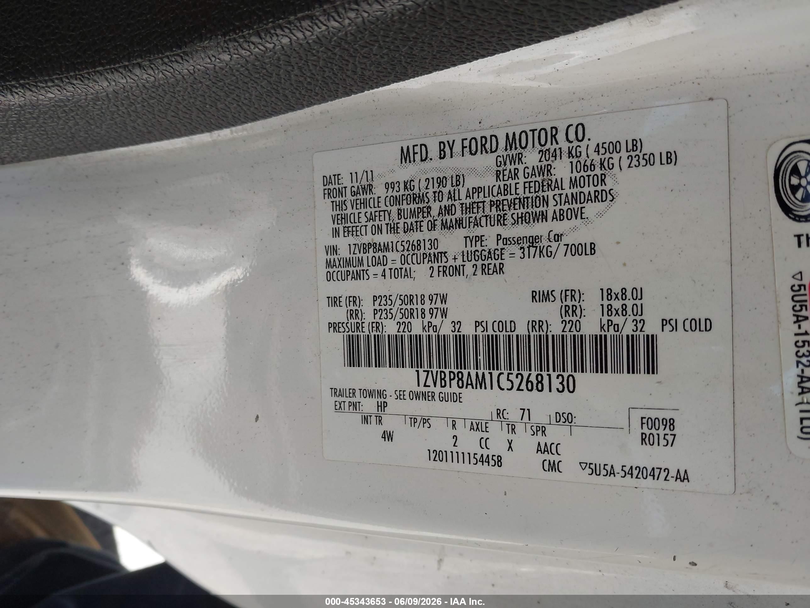 2012 Ford Mustang VIN 1ZVBP8AM1C5268130 IAAI salvage auction — Front End, Salvage (California), sold $700 on 2026-07-09 (photo 9)