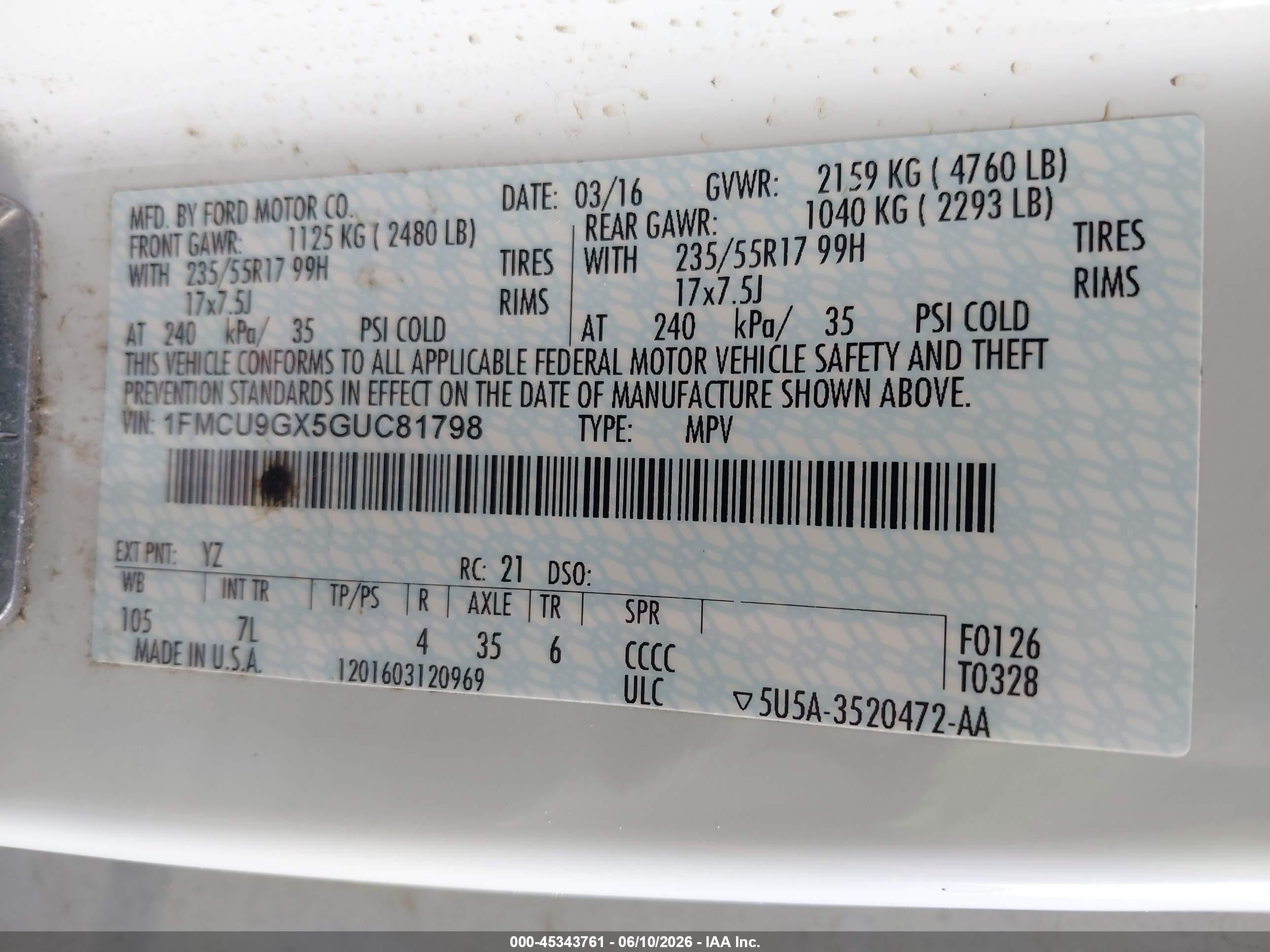 2016 Ford Escape VIN 1FMCU9GX5GUC81798 IAAI salvage auction — Normal Wear, Clear-Dealer Only (Oregon), sold $1,250 on 2026-07-06 (photo 9)