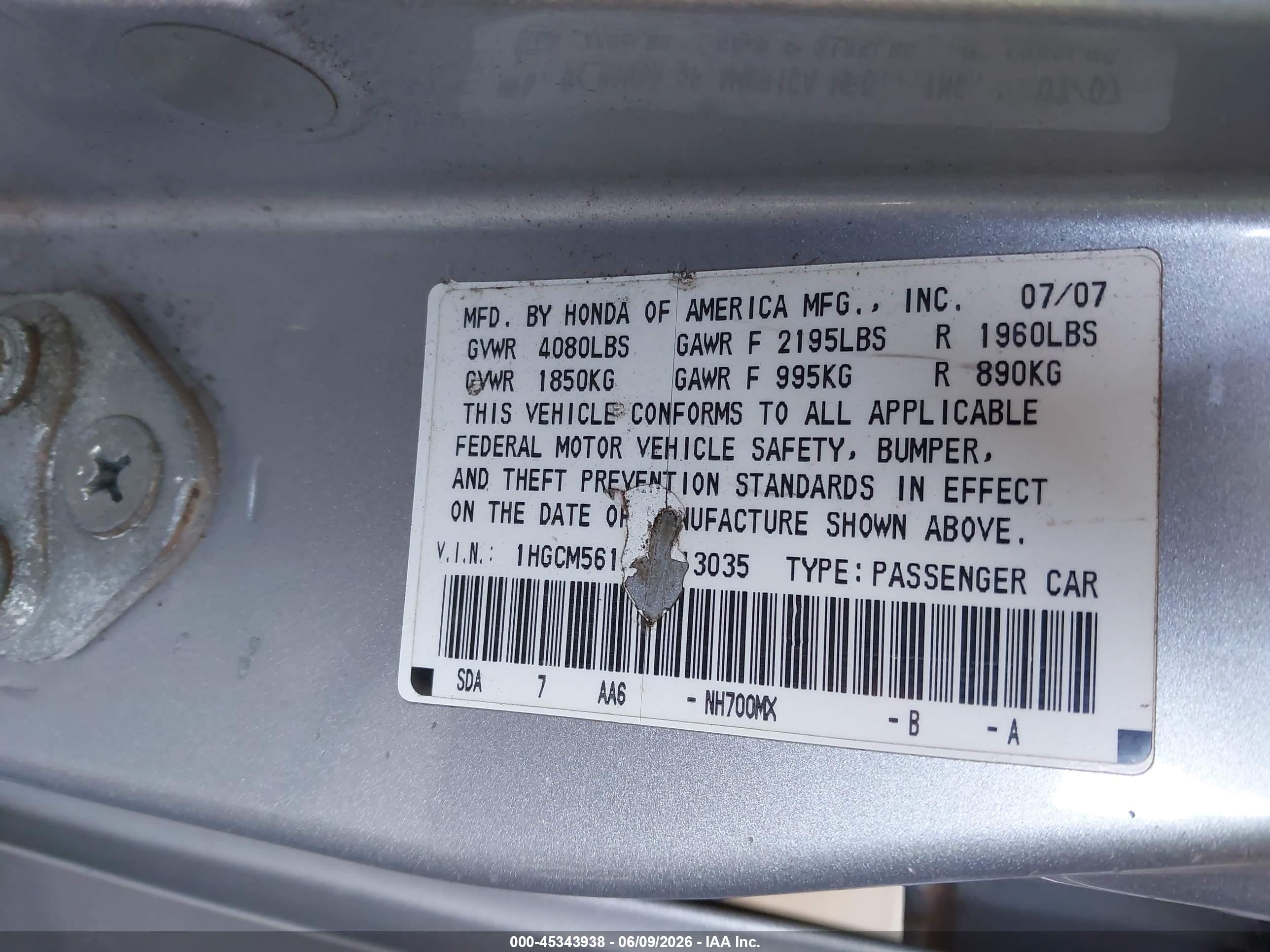 2007 Honda Accord VIN 1HGCM56127A213035 IAAI salvage auction — Front & Rear, Salvage (California), sold $125 on 2026-07-09 (photo 9)