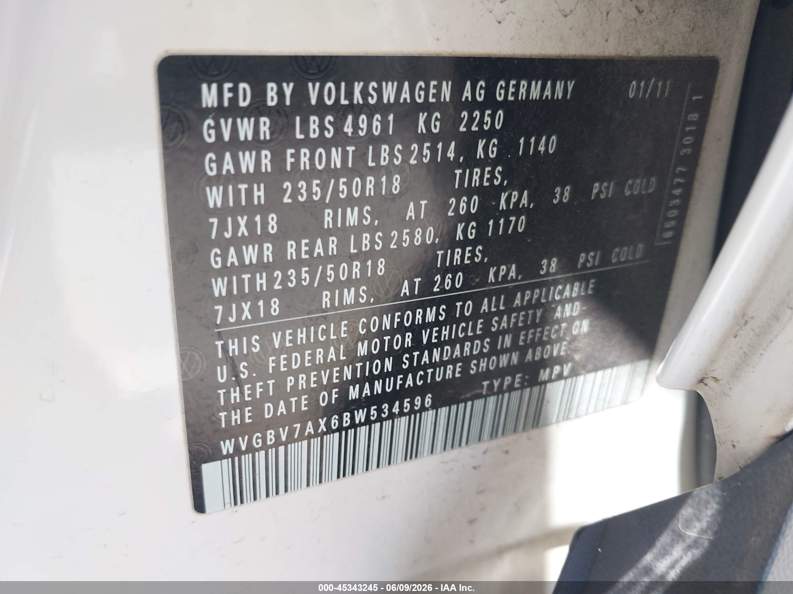 2011 Volkswagen Tiguan VIN WVGBV7AX6BW534596 IAAI salvage auction — Normal Wear, Clear - Dealer Only (California), sold $825 on 2026-07-08 (photo 9)