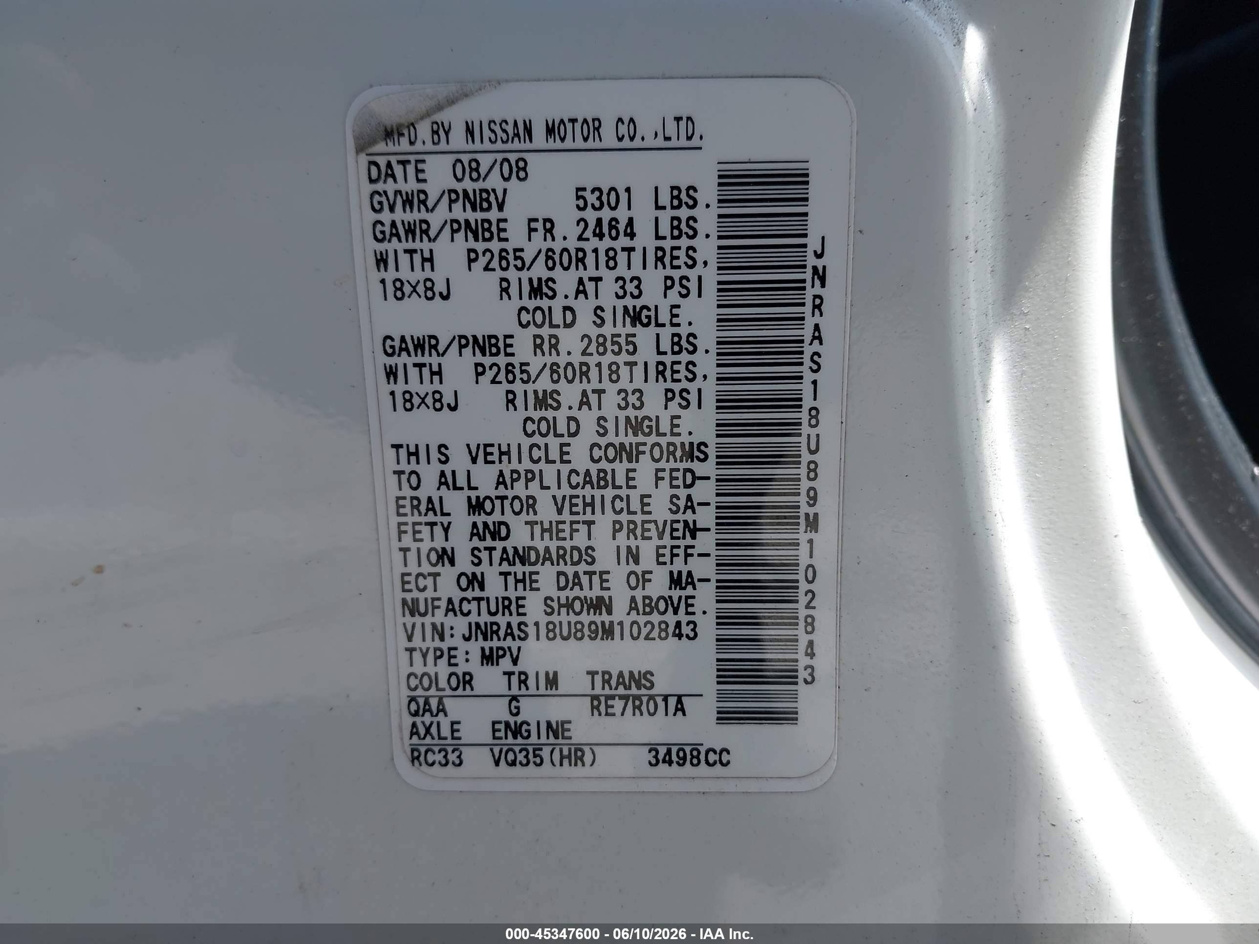 2009 Infiniti FX35 VIN JNRAS18U89M102843 IAAI salvage auction — Unknown, Salvage (California), sold $1,450 on 2026-07-07 (photo 9)