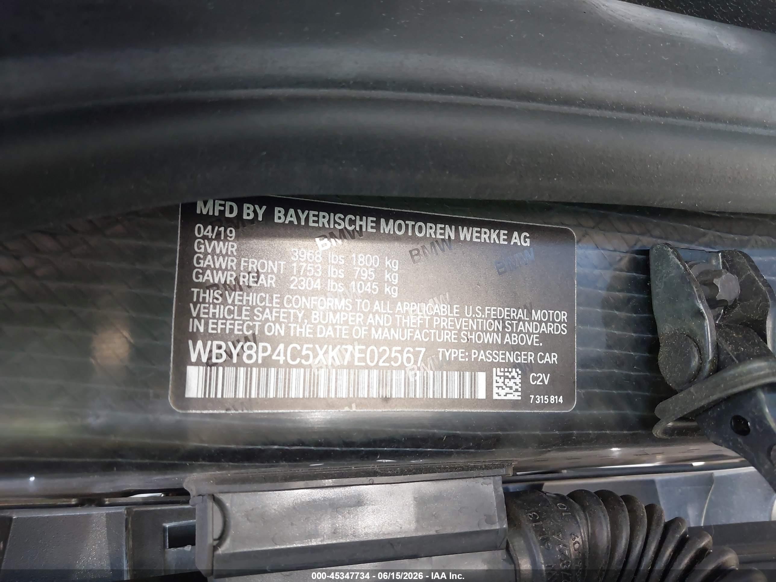 2019 BMW i3 VIN WBY8P4C5XK7E02567 IAAI salvage auction — Rear End, Salvage Certificate (California), sold $5,100 on 2026-07-11 (photo 9)