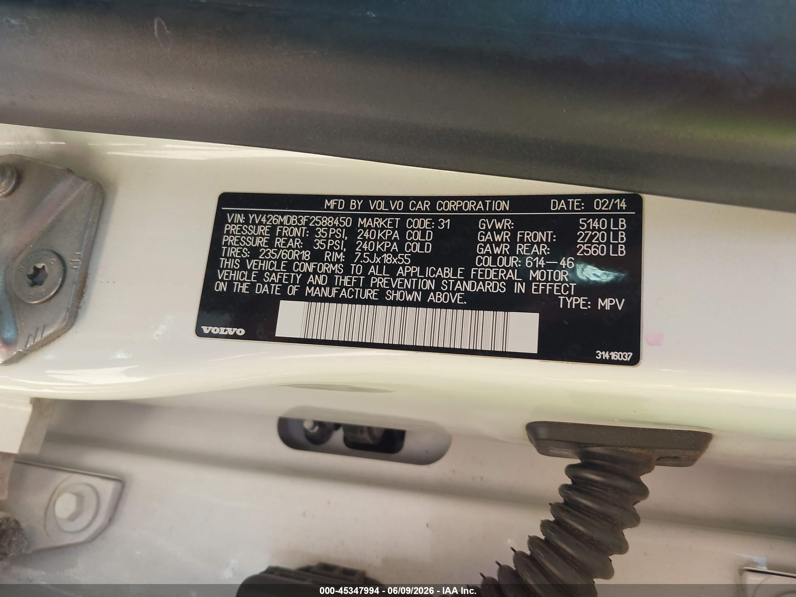 2015 Volvo XC60 VIN YV426MDB3F2588450 IAAI salvage auction — Normal Wear, Clear-Dealer Only (Arizona), sold $725 on 2026-07-02 (photo 9)