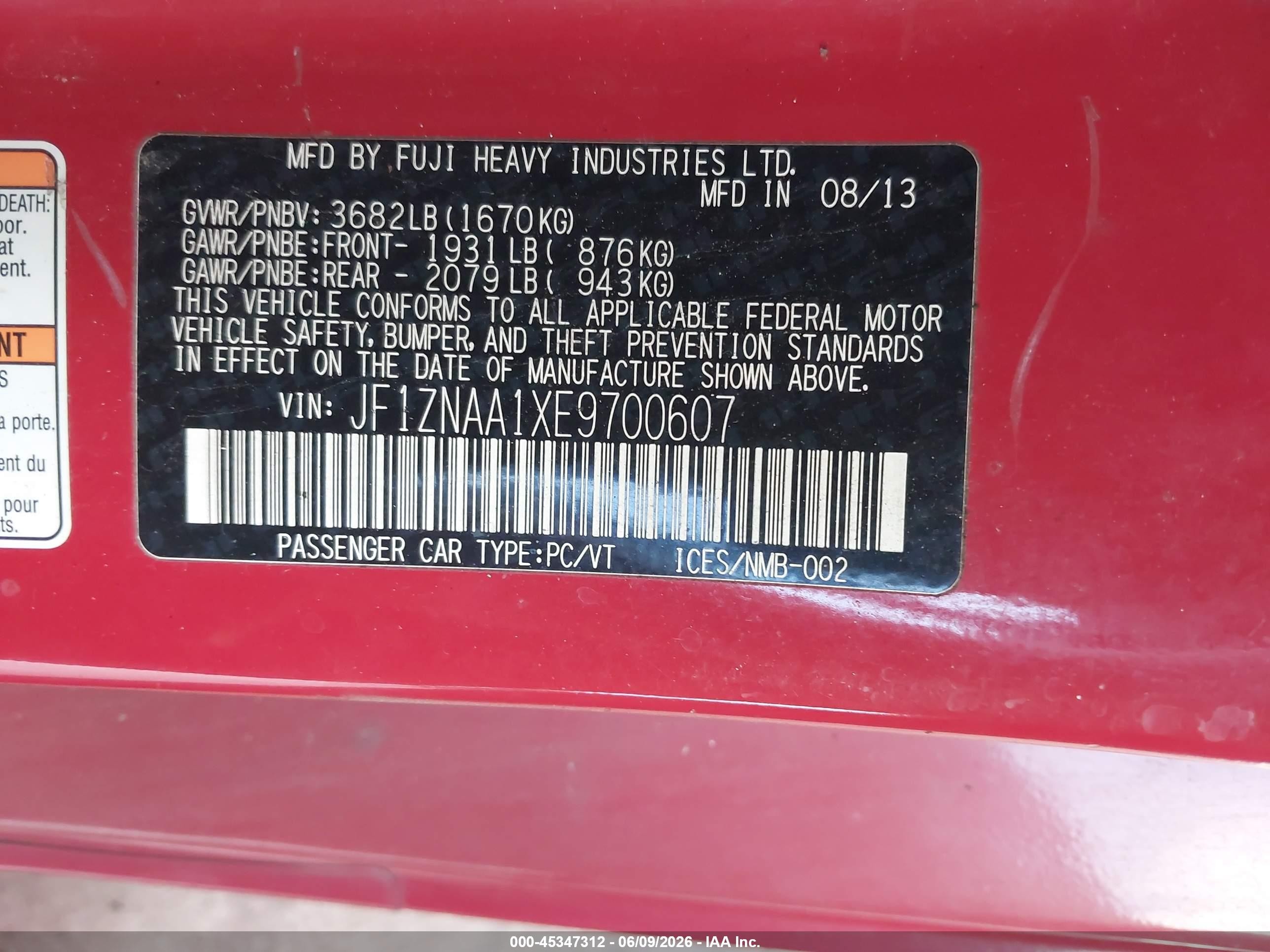 2014 Scion Fr-s VIN JF1ZNAA1XE9700607 IAAI salvage auction — Normal Wear, Clear - Dealer Only (California), sold $2,000 on 2026-09-08 (photo 9)