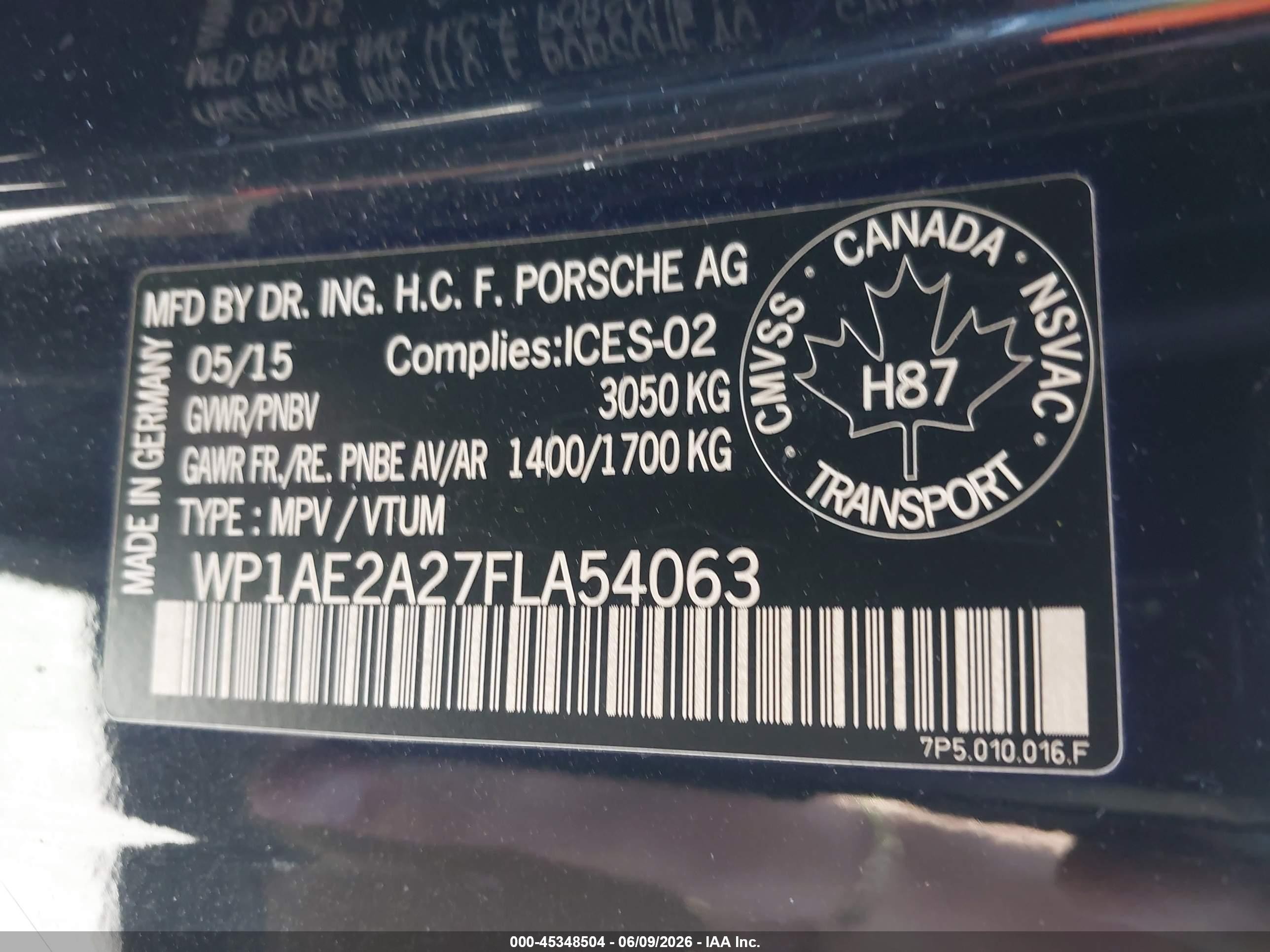 2015 Porsche Cayenne VIN WP1AE2A27FLA54063 IAAI salvage auction — Normal Wear, Clear (Montana), sold $8,000 on 2026-07-09 (photo 9)