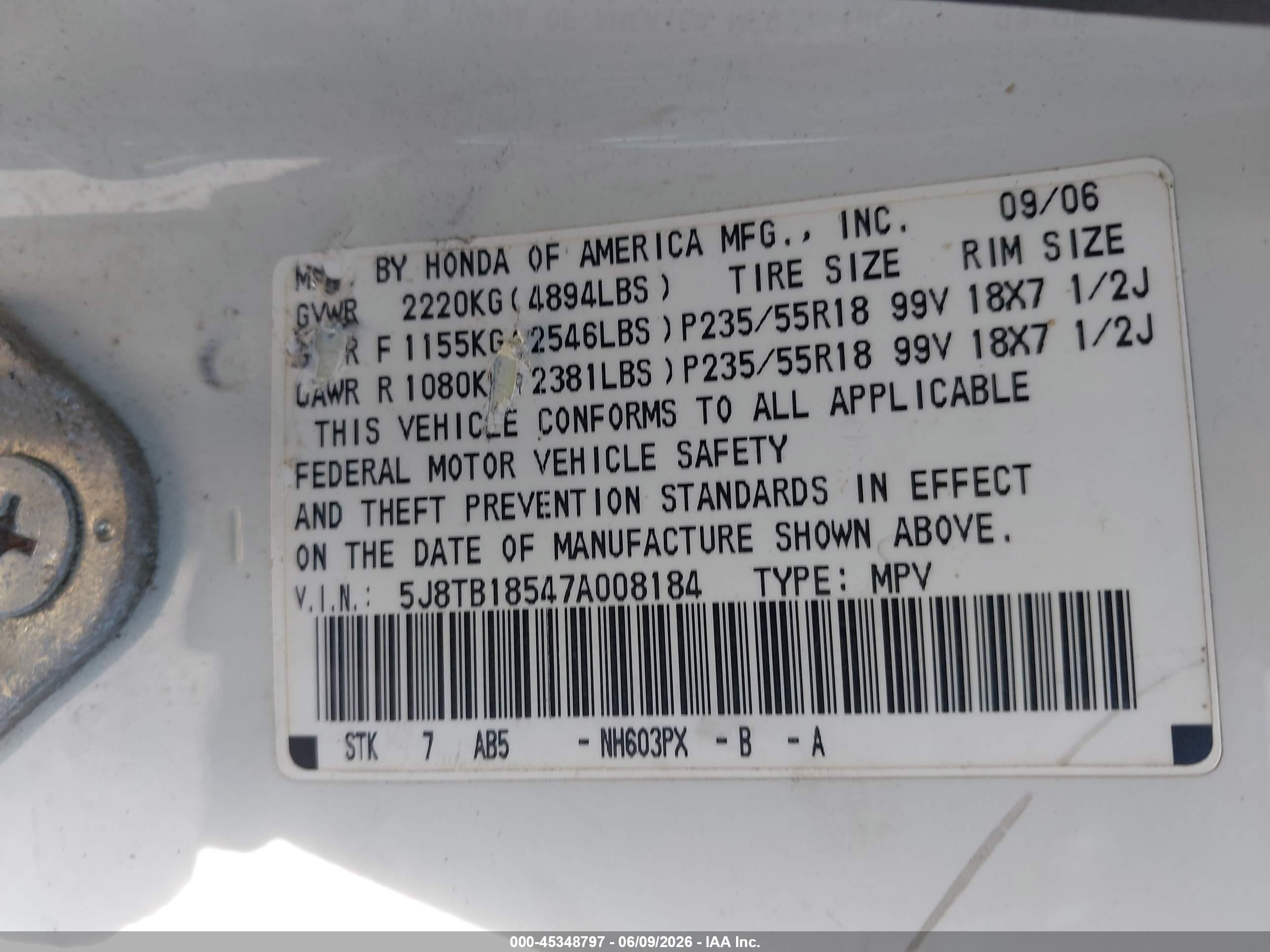 2007 Acura RDX VIN 5J8TB18547A008184 IAAI salvage auction — Normal Wear, Clear - Dealer Only (California), sold $300 on 2026-07-09 (photo 9)