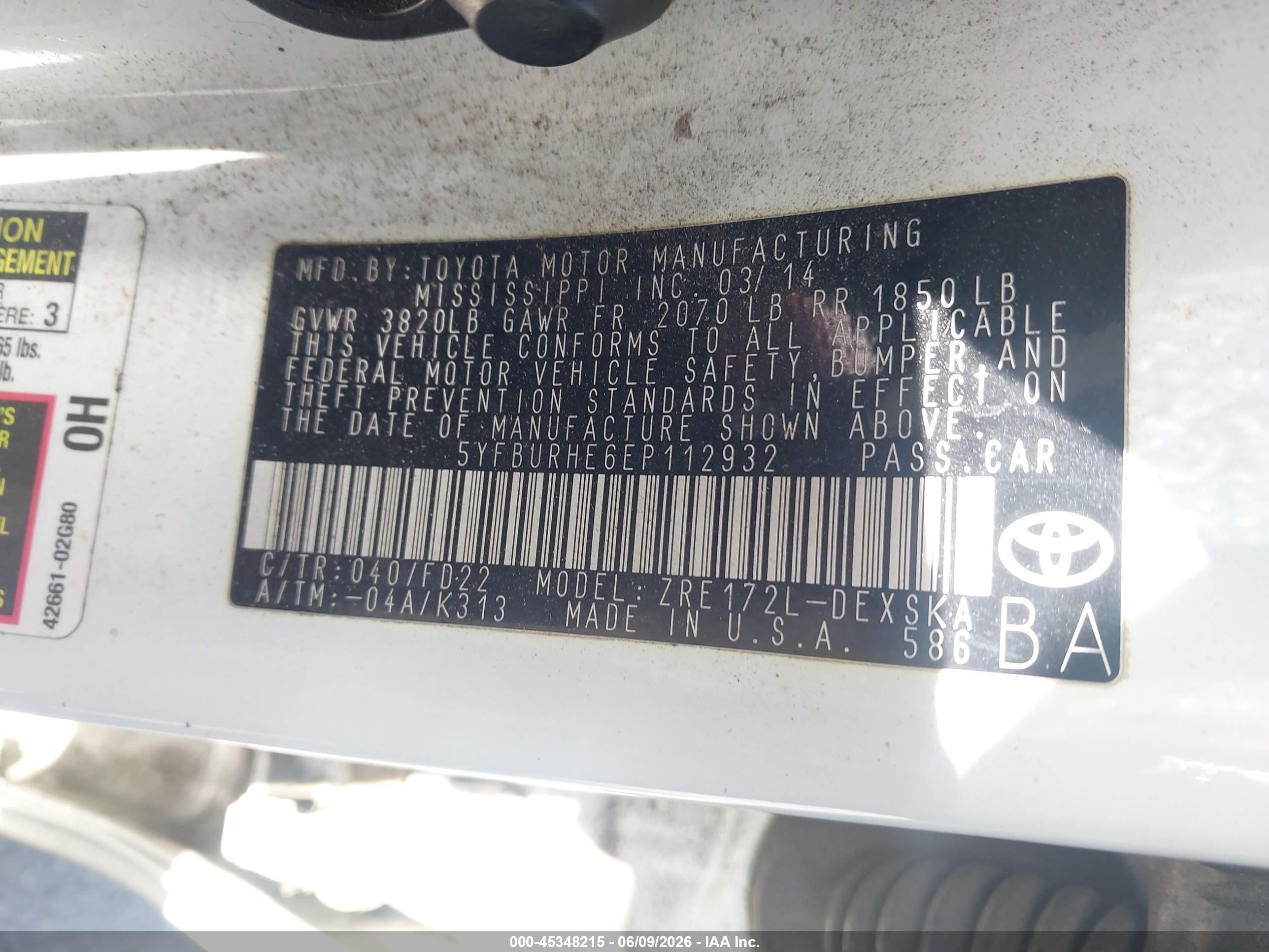 2014 Toyota Corolla VIN 5YFBURHE6EP112932 IAAI salvage auction — Unknown, Salvage (California), sold $1,950 on 2026-07-09 (photo 9)