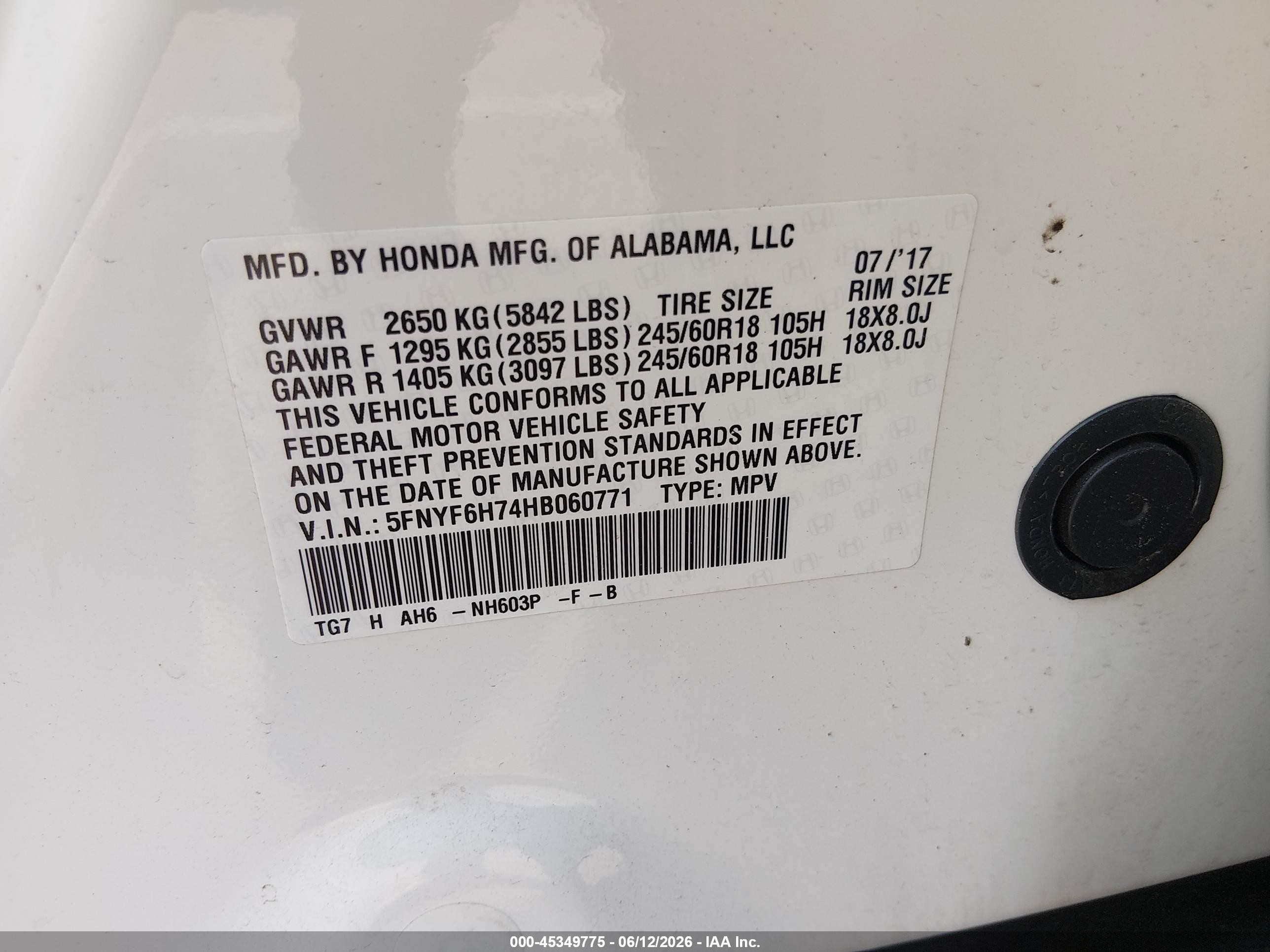 2017 Honda Pilot VIN 5FNYF6H74HB060771 IAAI salvage auction — Burn Engine, Salvage (North Carolina), sold $1,550 on 2026-07-10 (photo 9)