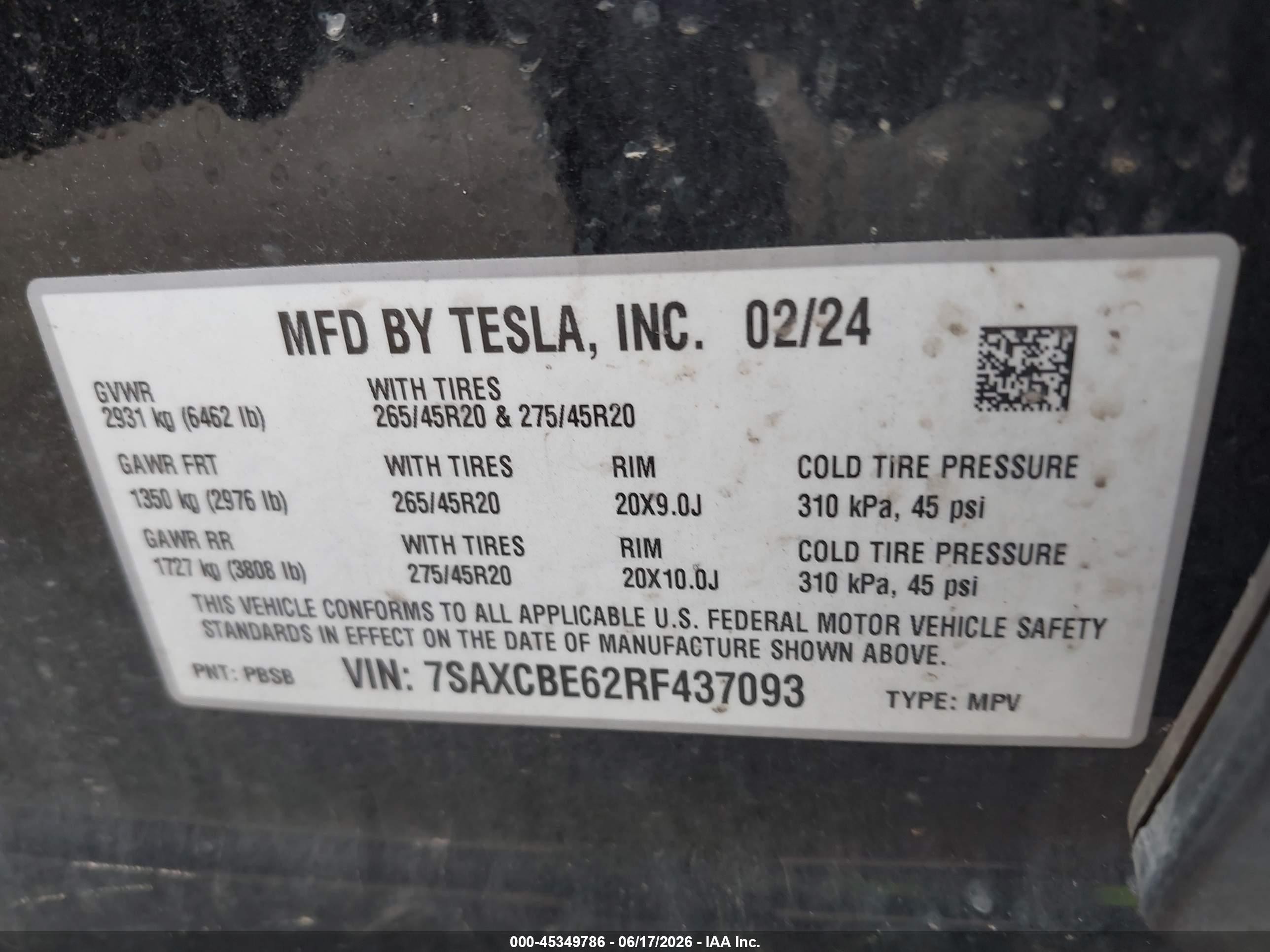 2024 Tesla Model X VIN 7SAXCBE62RF437093 IAAI salvage auction — Rear End, Clear (Michigan), sold $23,100 on 2026-08-20 (photo 9)