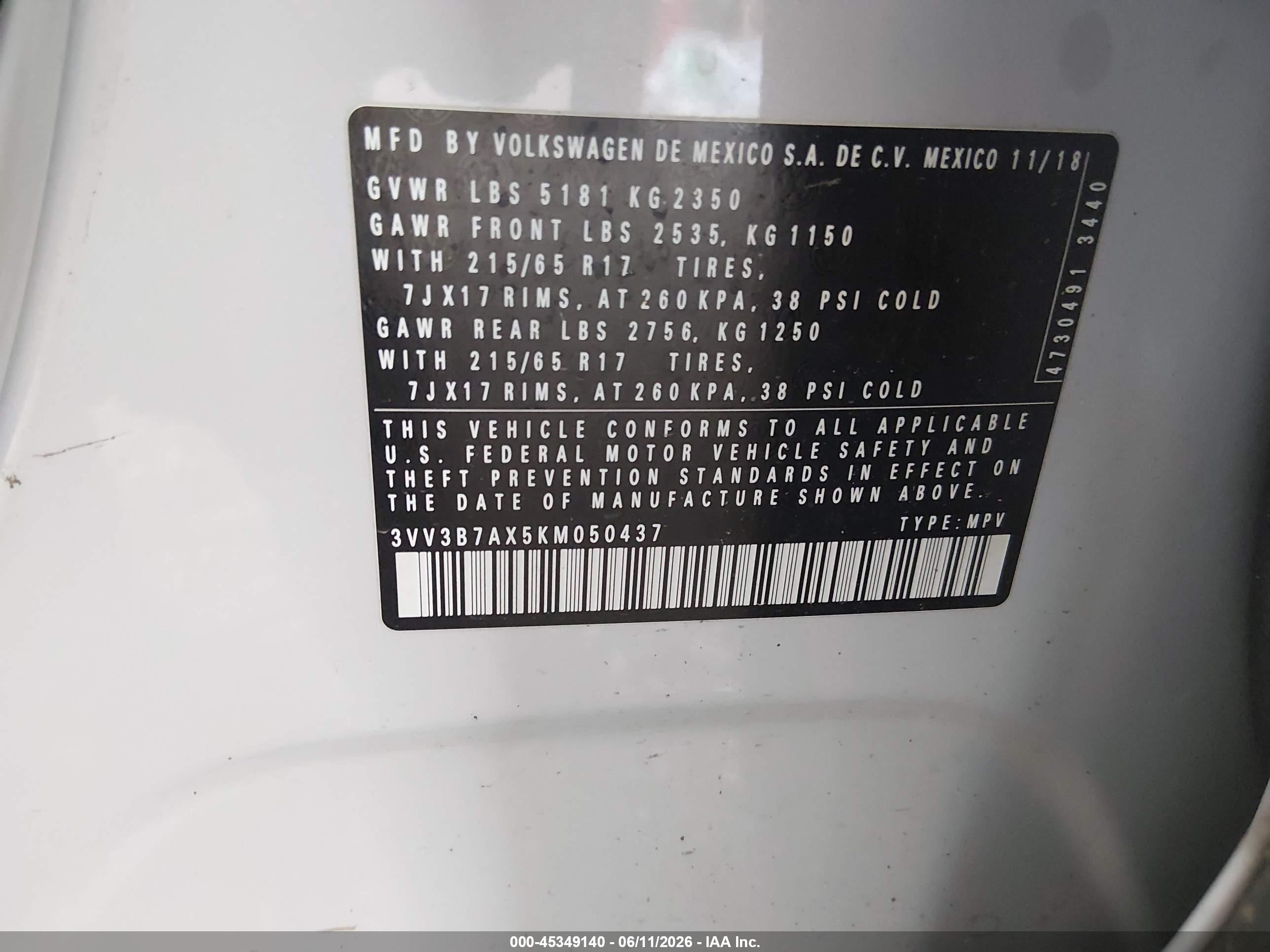 2019 Volkswagen Tiguan VIN 3VV3B7AX5KM050437 IAAI salvage auction — Front End, Salvage (Texas), sold $1,100 on 2026-08-25 (photo 9)