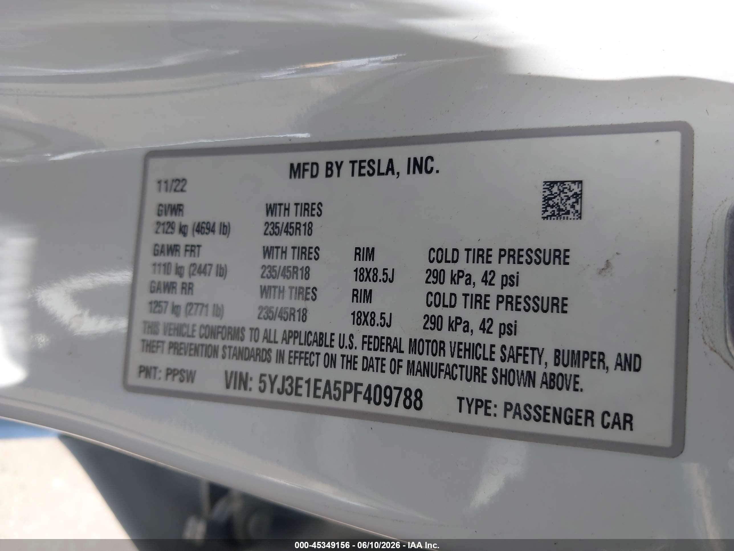 2023 Tesla Model 3 VIN 5YJ3E1EA5PF409788 IAAI salvage auction — Rear End, Salvage (Arizona), sold $7,150 on 2026-06-30 (photo 9)