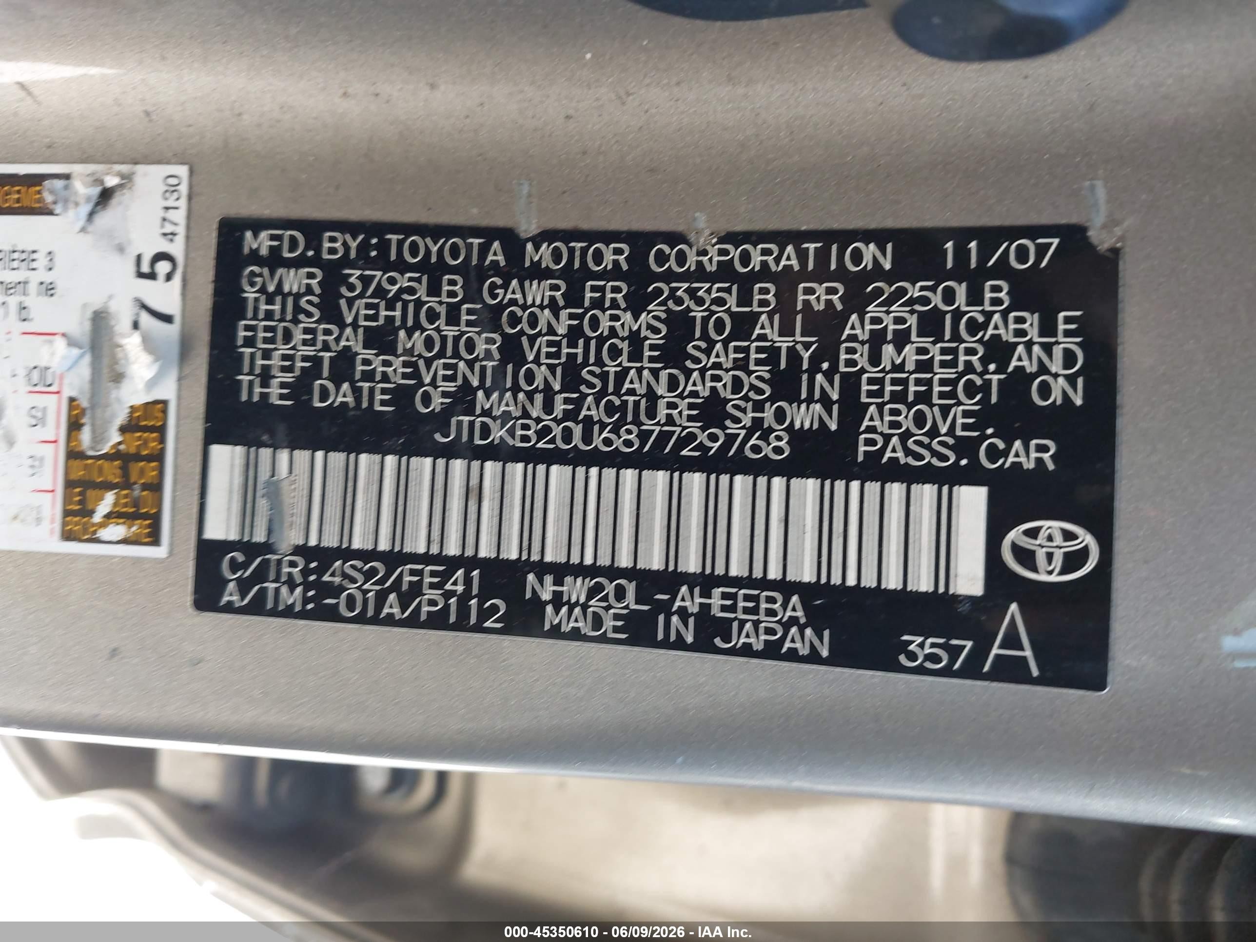 2008 Toyota Prius VIN JTDKB20U687729768 IAAI salvage auction — Normal Wear, Clear - Dealer Only (California), sold $350 on 2026-07-09 (photo 9)
