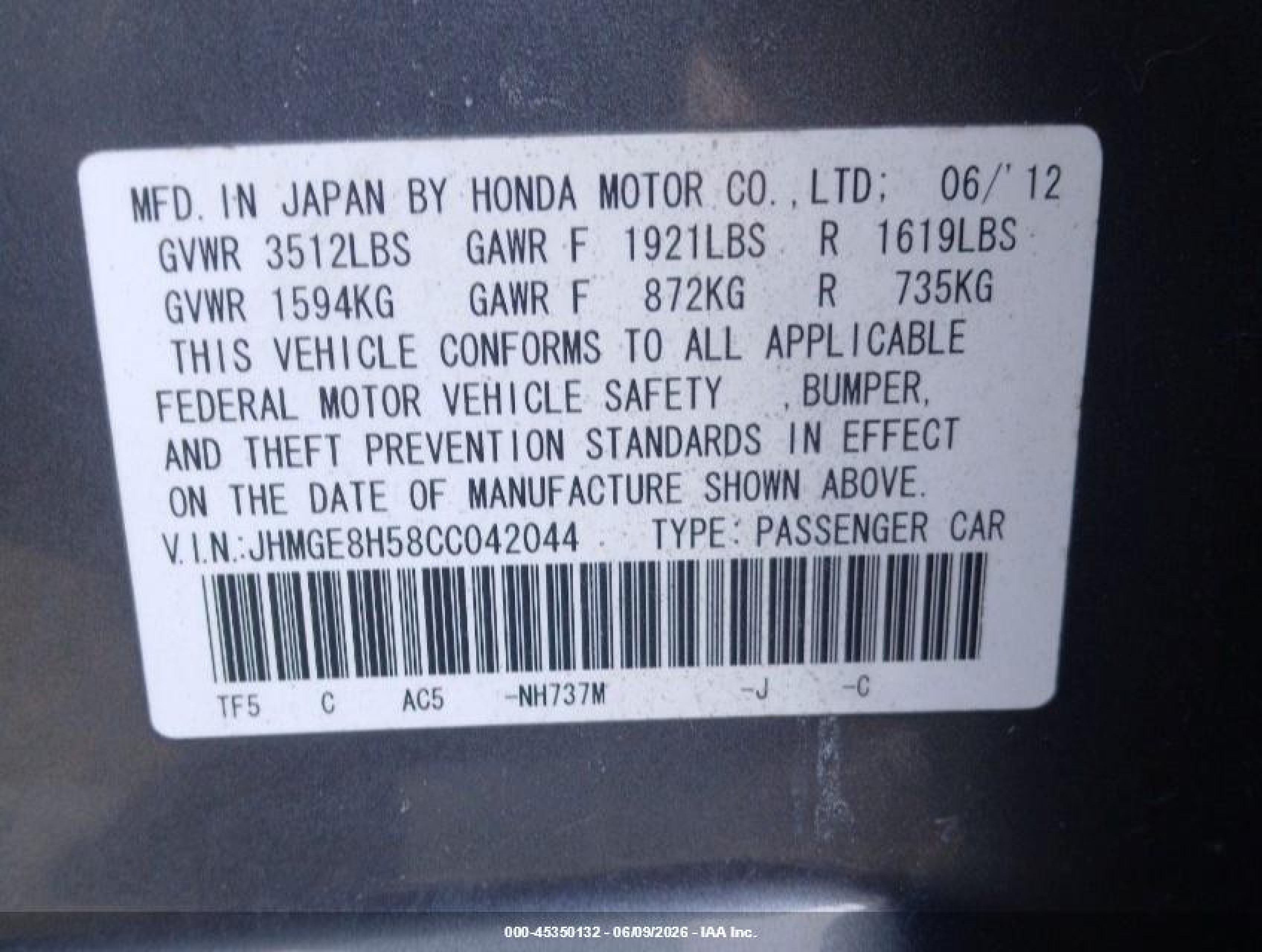 2012 Honda Fit VIN JHMGE8H58CC042044 IAAI salvage auction — Normal Wear, Salvage (California), sold $1,200 on 2026-06-25 (photo 9)