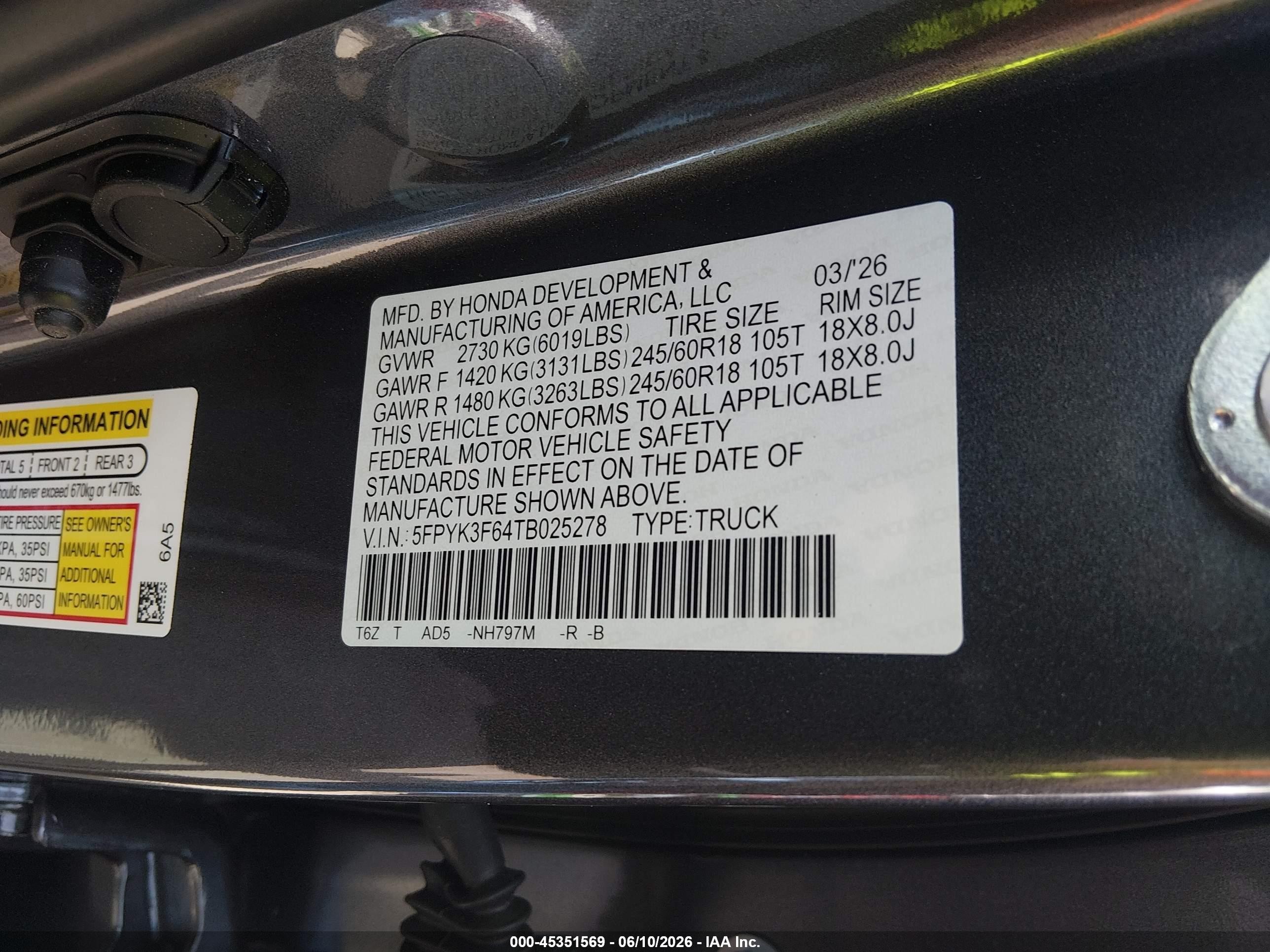 2026 Honda Ridgeline VIN 5FPYK3F64TB025278 IAAI salvage auction — Side, Rebuildable (Florida), sold $14,500 on 2026-06-29 (photo 9)