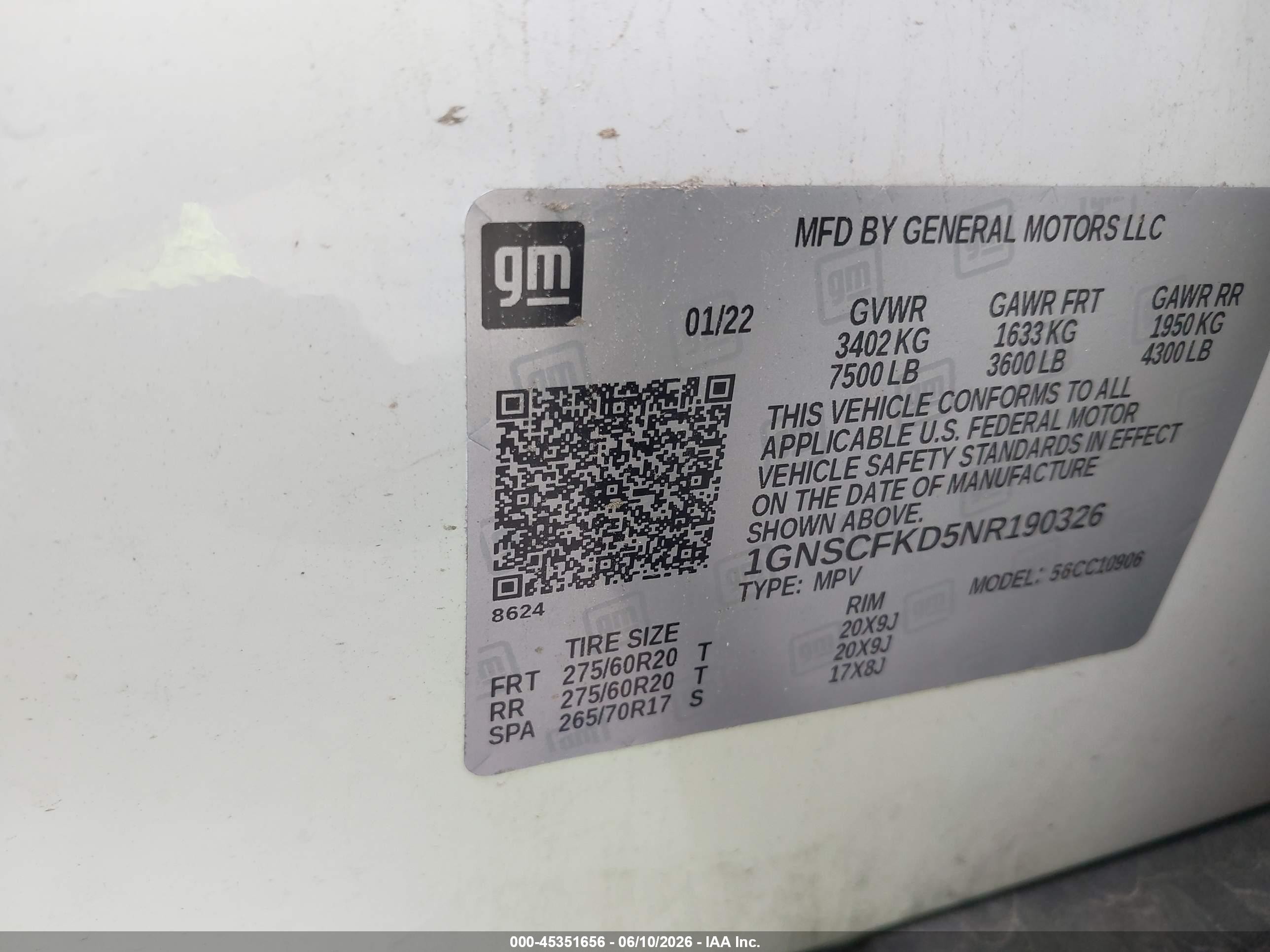 2022 Chevrolet Suburban VIN 1GNSCFKD5NR190326 IAAI salvage auction — Unknown, Clear (Oklahoma), sold $15,100 on 2026-07-02 (photo 9)