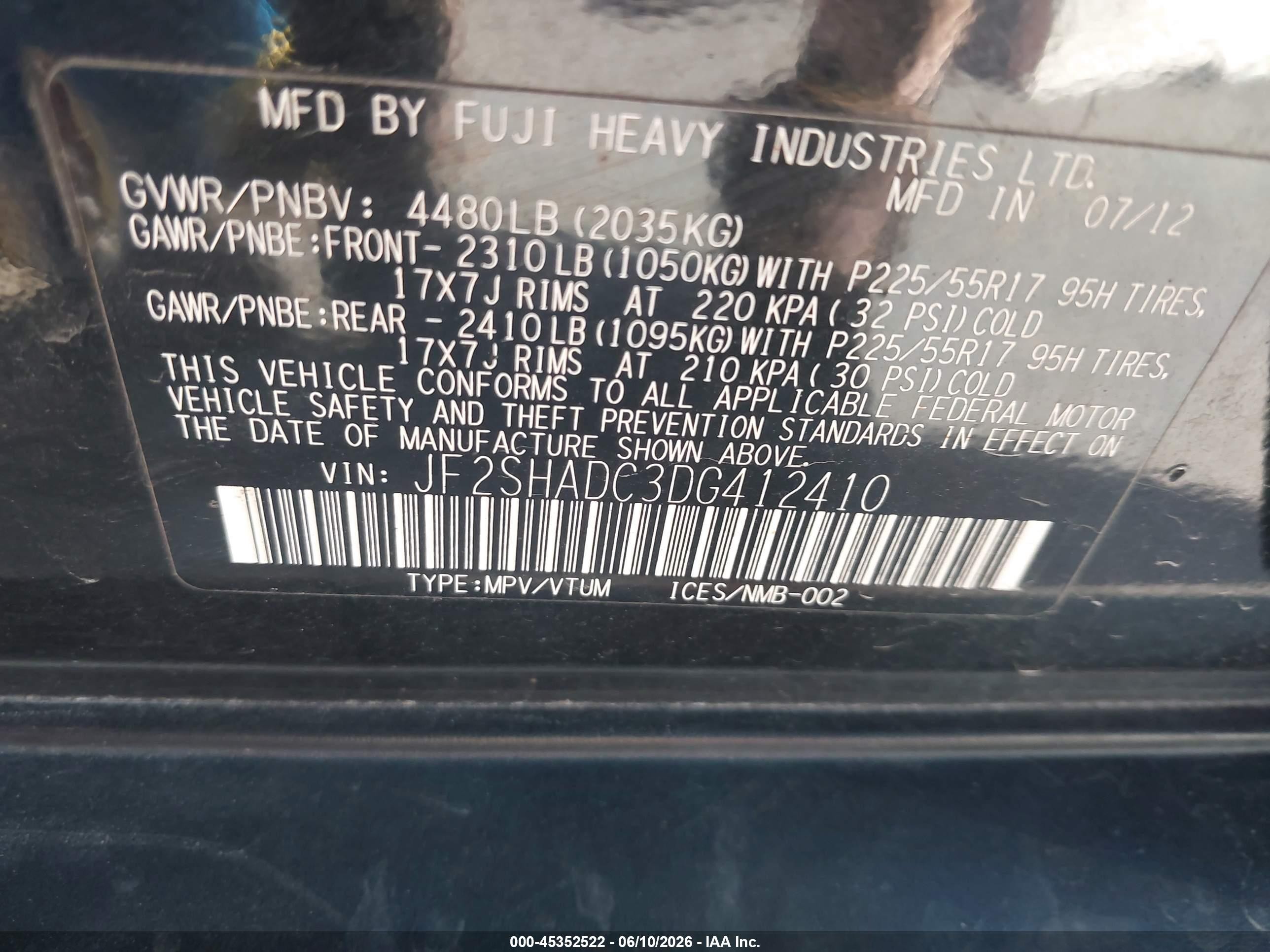 2013 Subaru Forester VIN JF2SHADC3DG412410 IAAI salvage auction — Normal Wear, Clear (Utah), sold $275 on 2026-07-09 (photo 8)