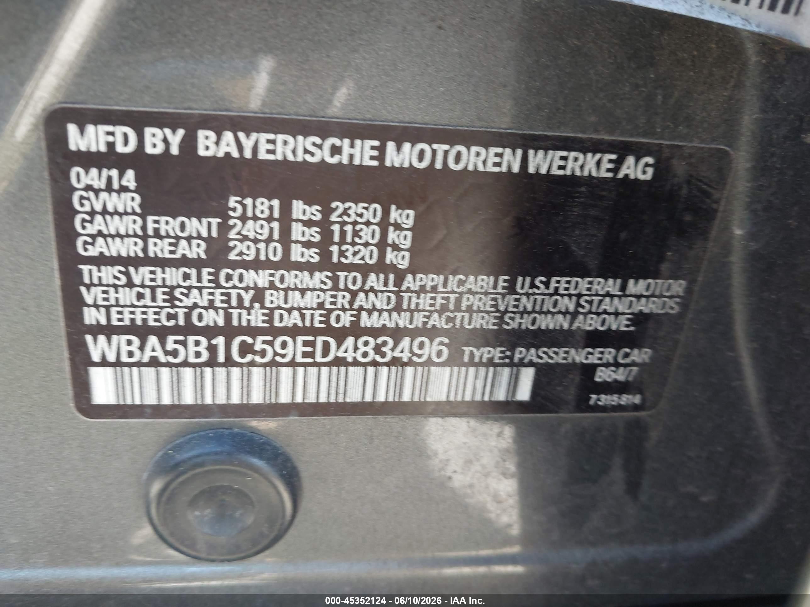 2014 BMW 5 Series VIN WBA5B1C59ED483496 IAAI salvage auction — Normal Wear, Clear - Dealer Only (California), sold $1,450 on 2026-07-02 (photo 9)