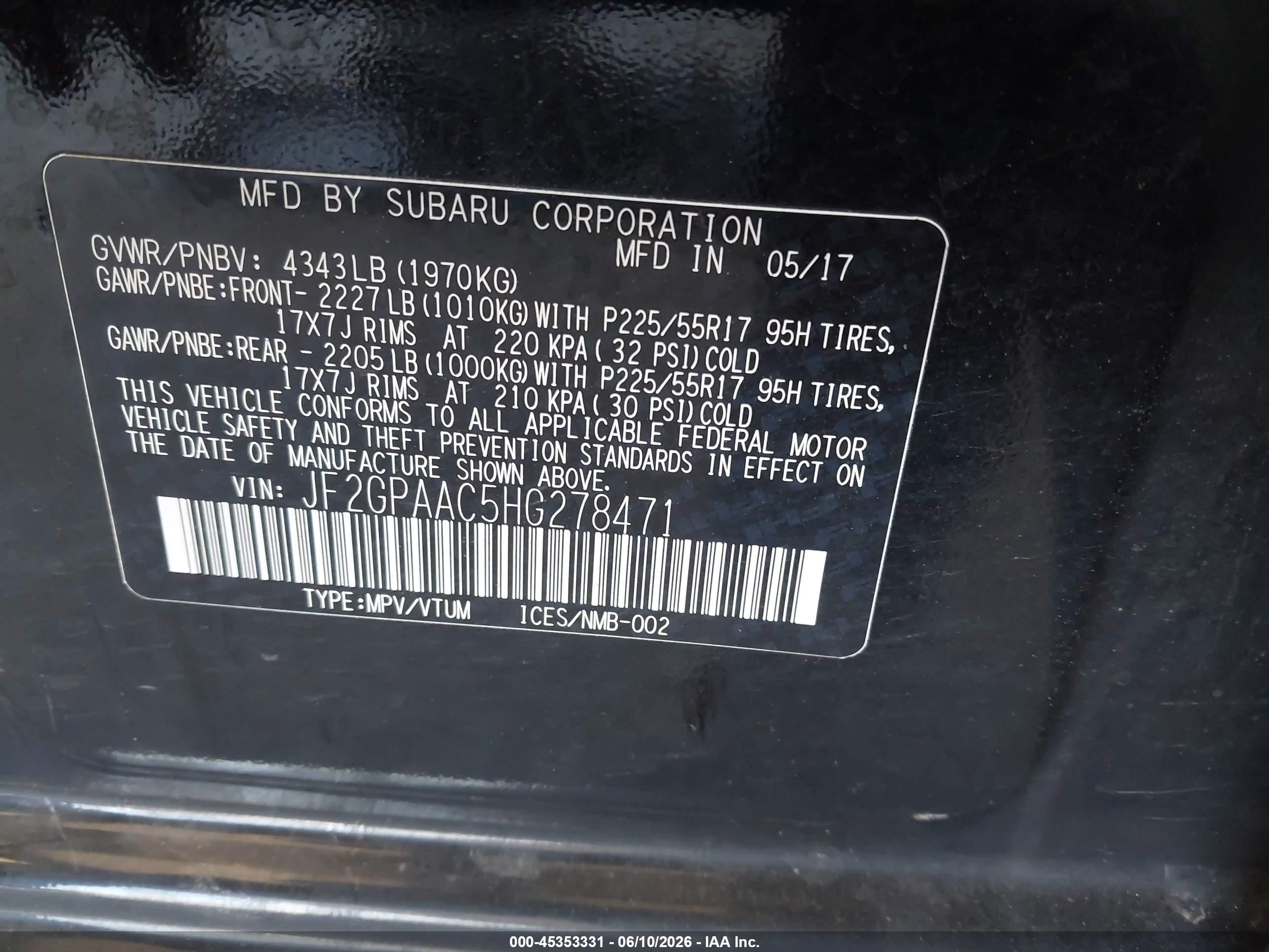 2017 Subaru Crosstrek VIN JF2GPAAC5HG278471 IAAI salvage auction — Front End, Salvage (California), sold $325 on 2026-07-09 (photo 9)