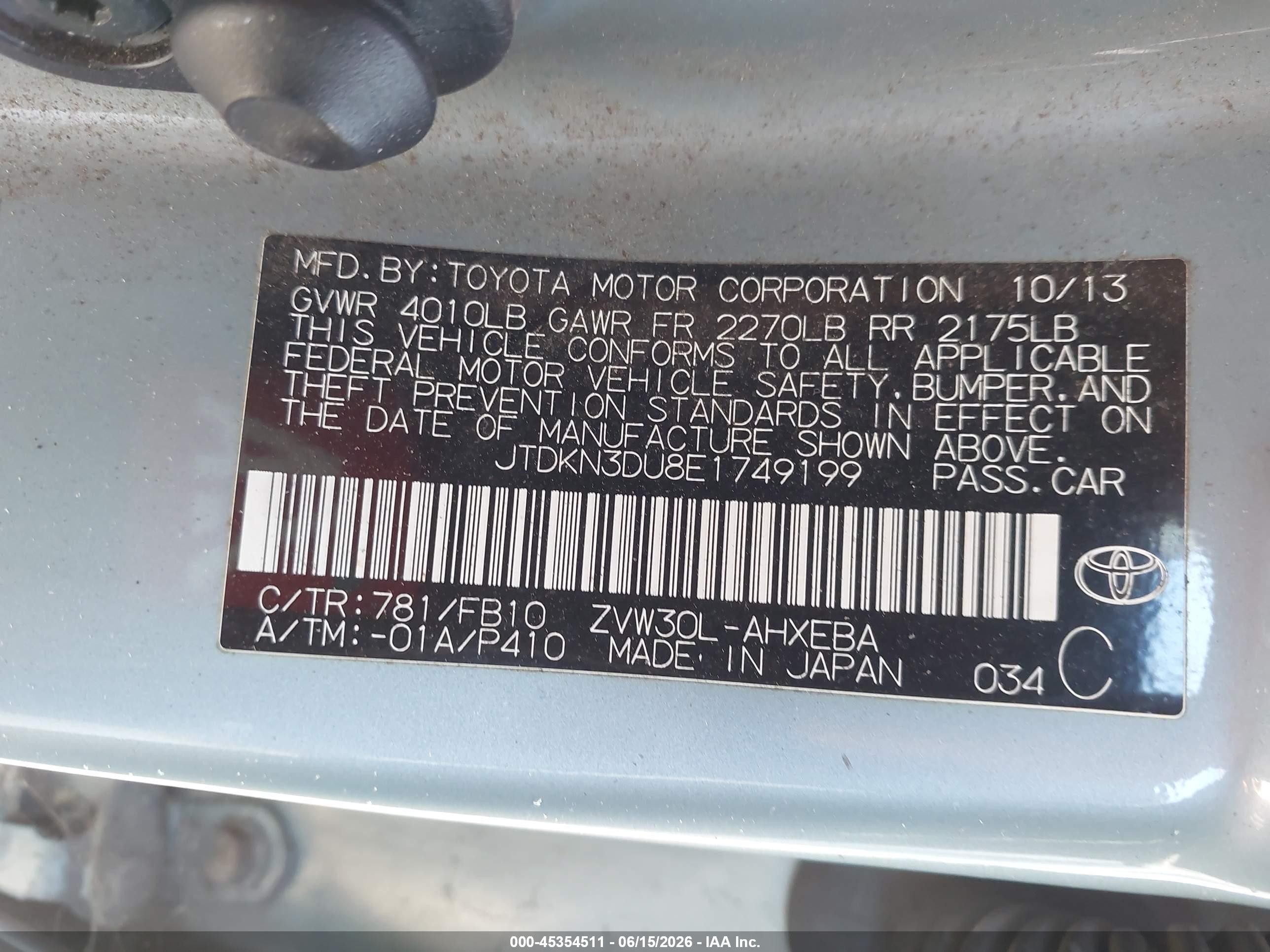 2014 Toyota Prius VIN JTDKN3DU8E1749199 IAAI salvage auction — Normal Wear, Clear - Dealer Only (California), sold $2,550 on 2026-07-09 (photo 9)