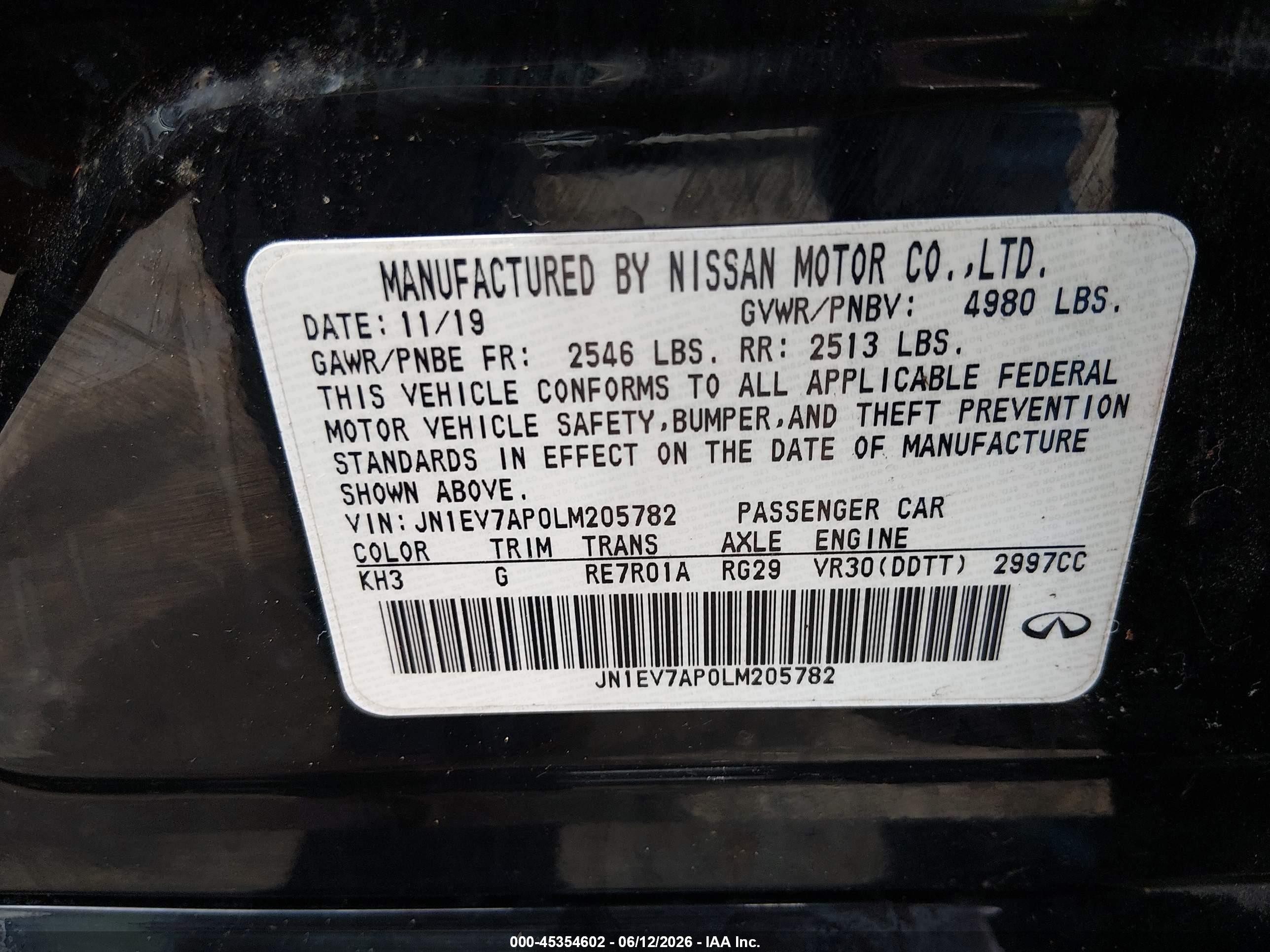 2020 Infiniti Q50 VIN JN1EV7AP0LM205782 IAAI salvage auction — Top/Roof, Salvage (Mississippi), sold $1,800 on 2026-09-09 (photo 9)