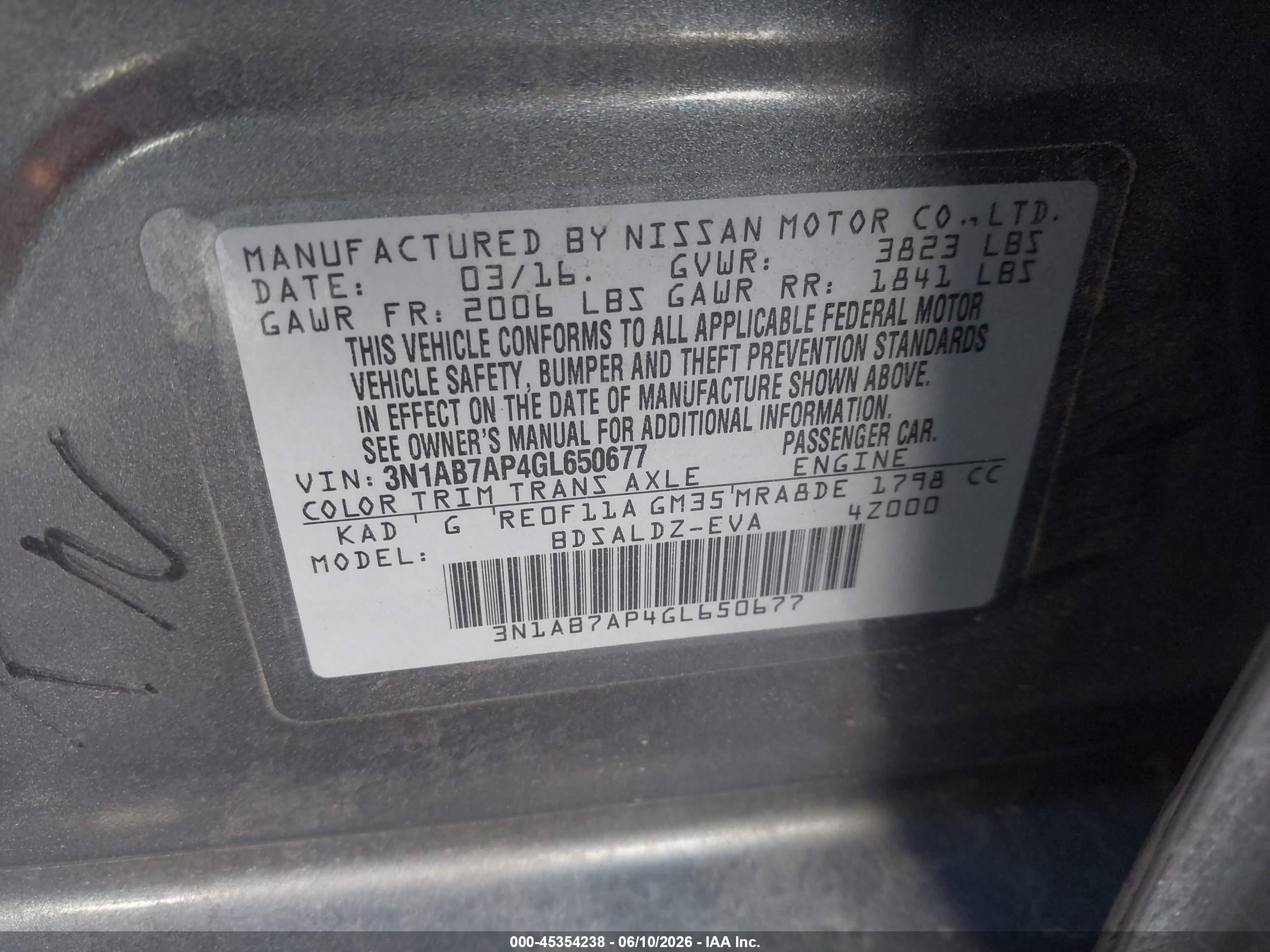 2016 Nissan Sentra VIN 3N1AB7AP4GL650677 IAAI salvage auction — Front End, Salvage (California), sold $1,325 on 2026-07-06 (photo 9)