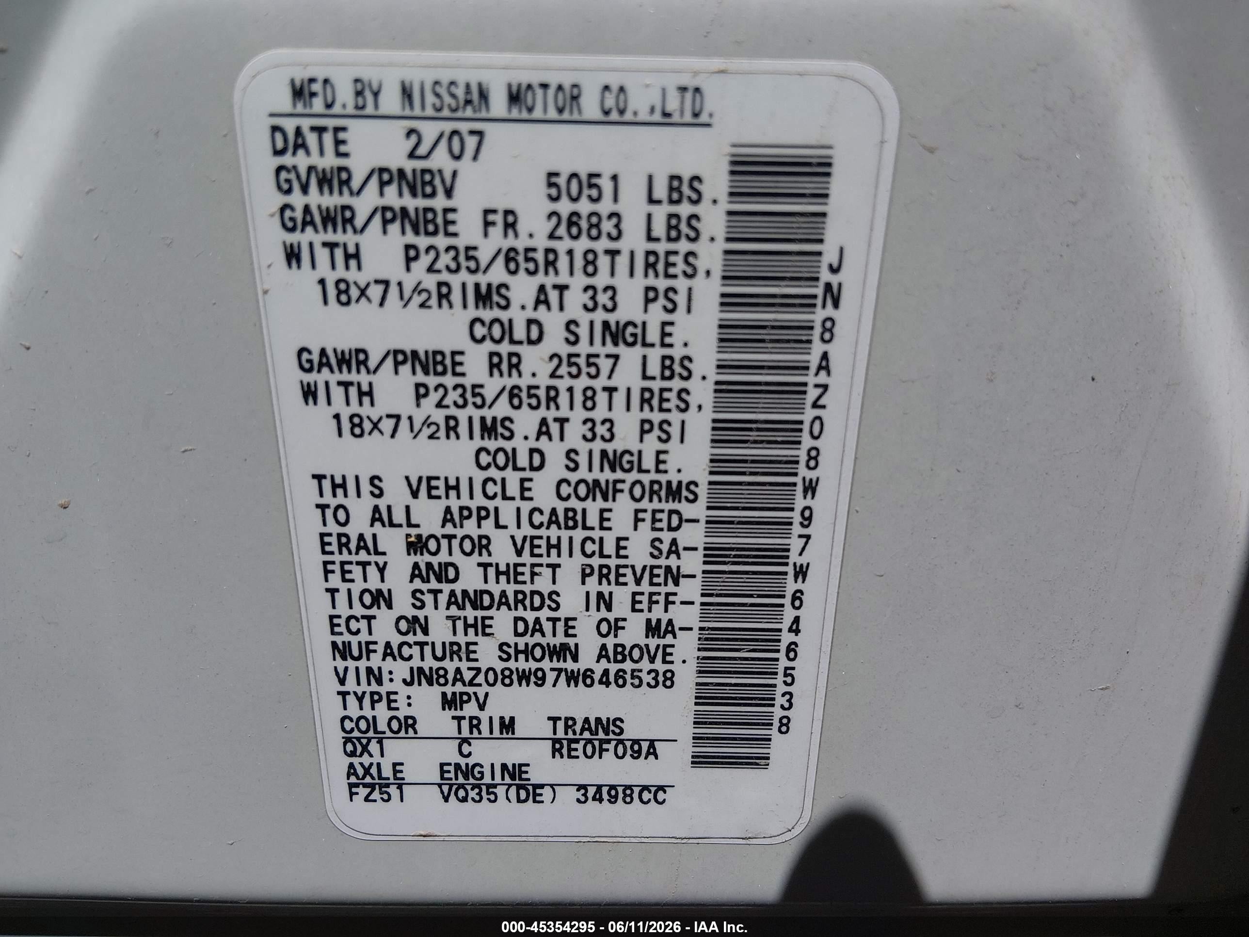 2007 Nissan Murano VIN JN8AZ08W97W646538 IAAI salvage auction — Front End, Salvage (Utah), sold $275 on 2026-07-09 (photo 9)