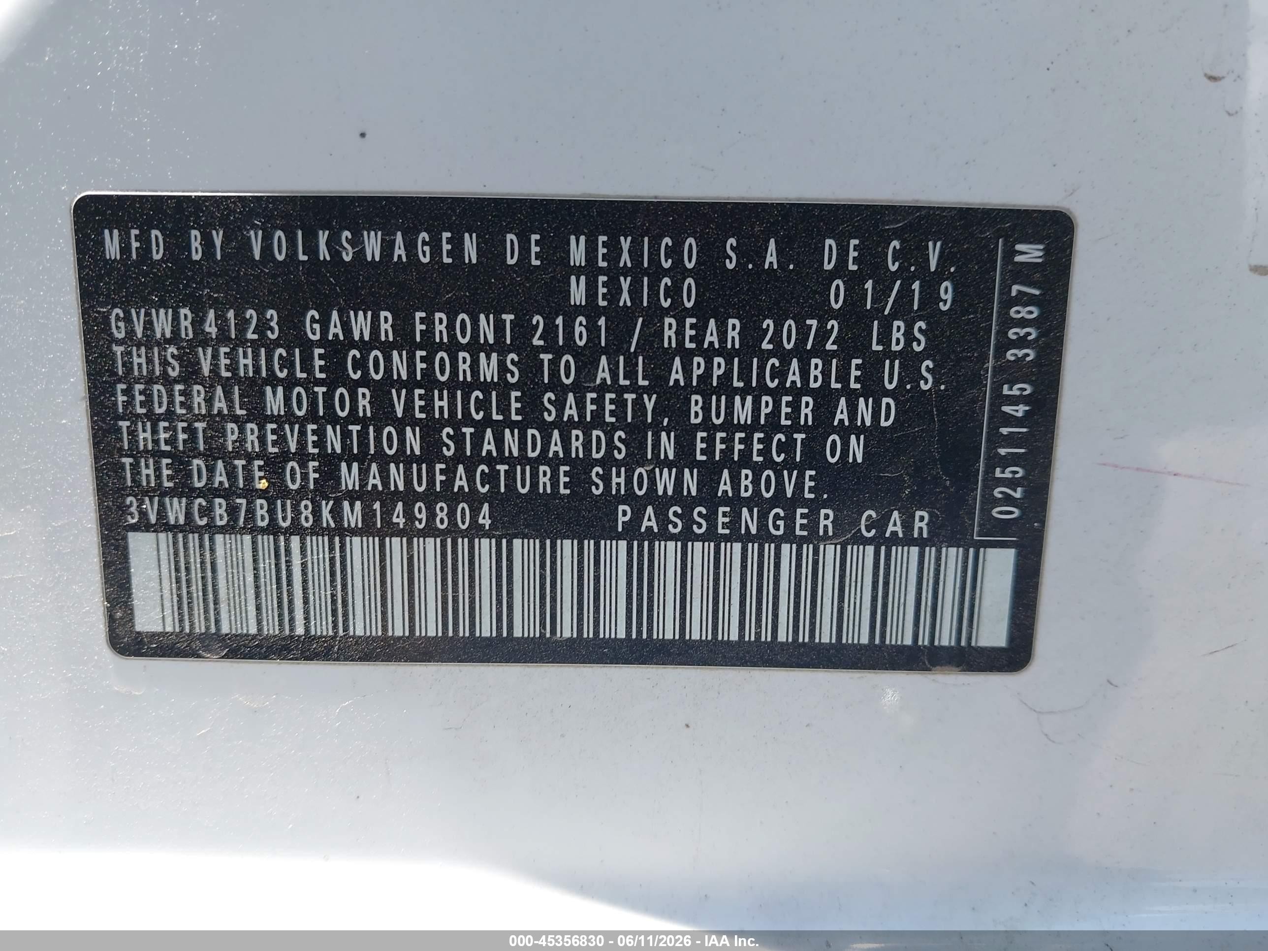 2019 Volkswagen Jetta VIN 3VWCB7BU8KM149804 IAAI salvage auction — Unknown, Clear (California), sold $2,250 on 2026-09-10 (photo 9)