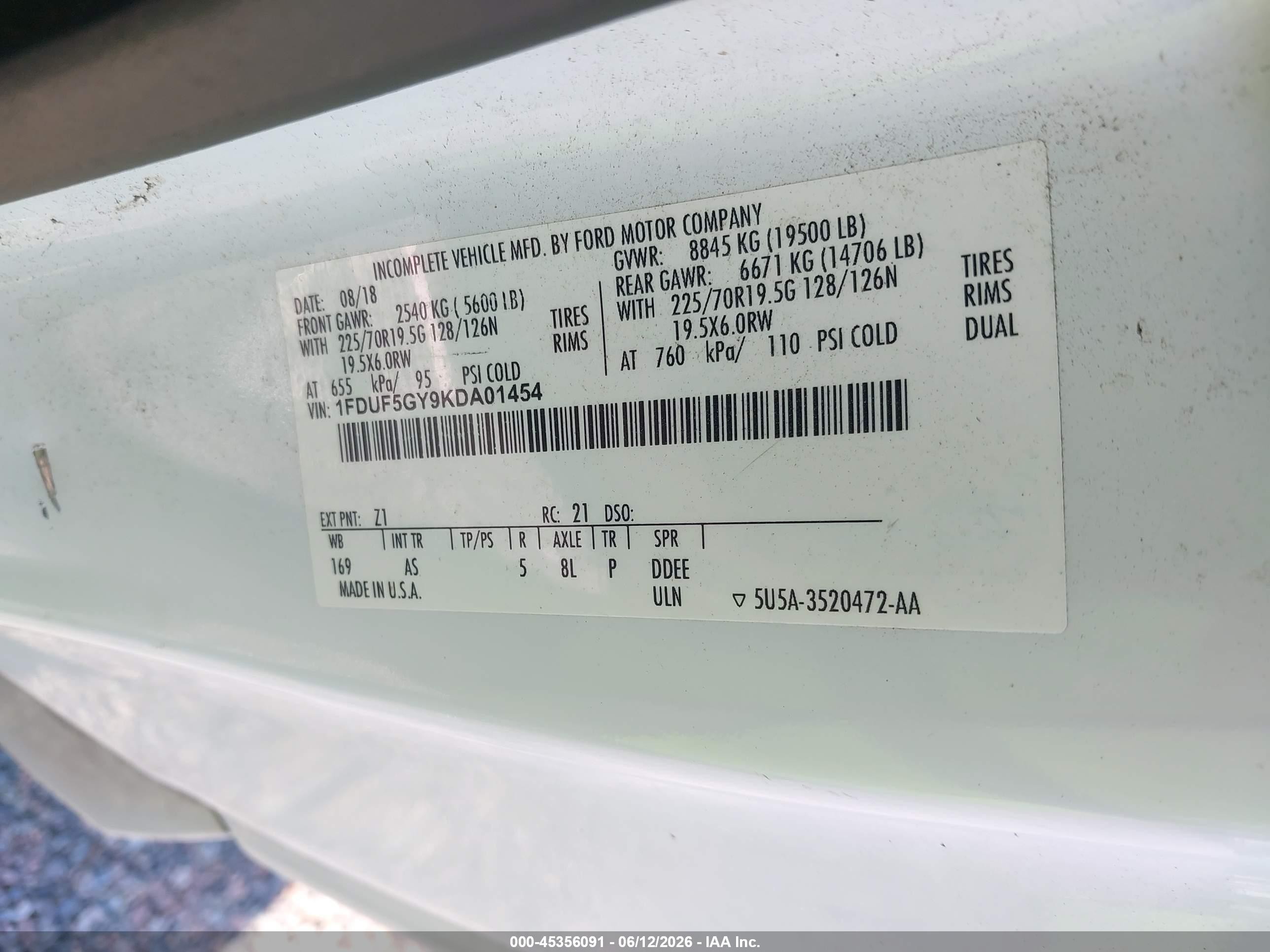 2019 Ford VIN 1FDUF5GY9KDA01454 IAAI salvage auction — Front End, Clear (North Carolina), sold $10,550 on 2026-07-08 (photo 8)
