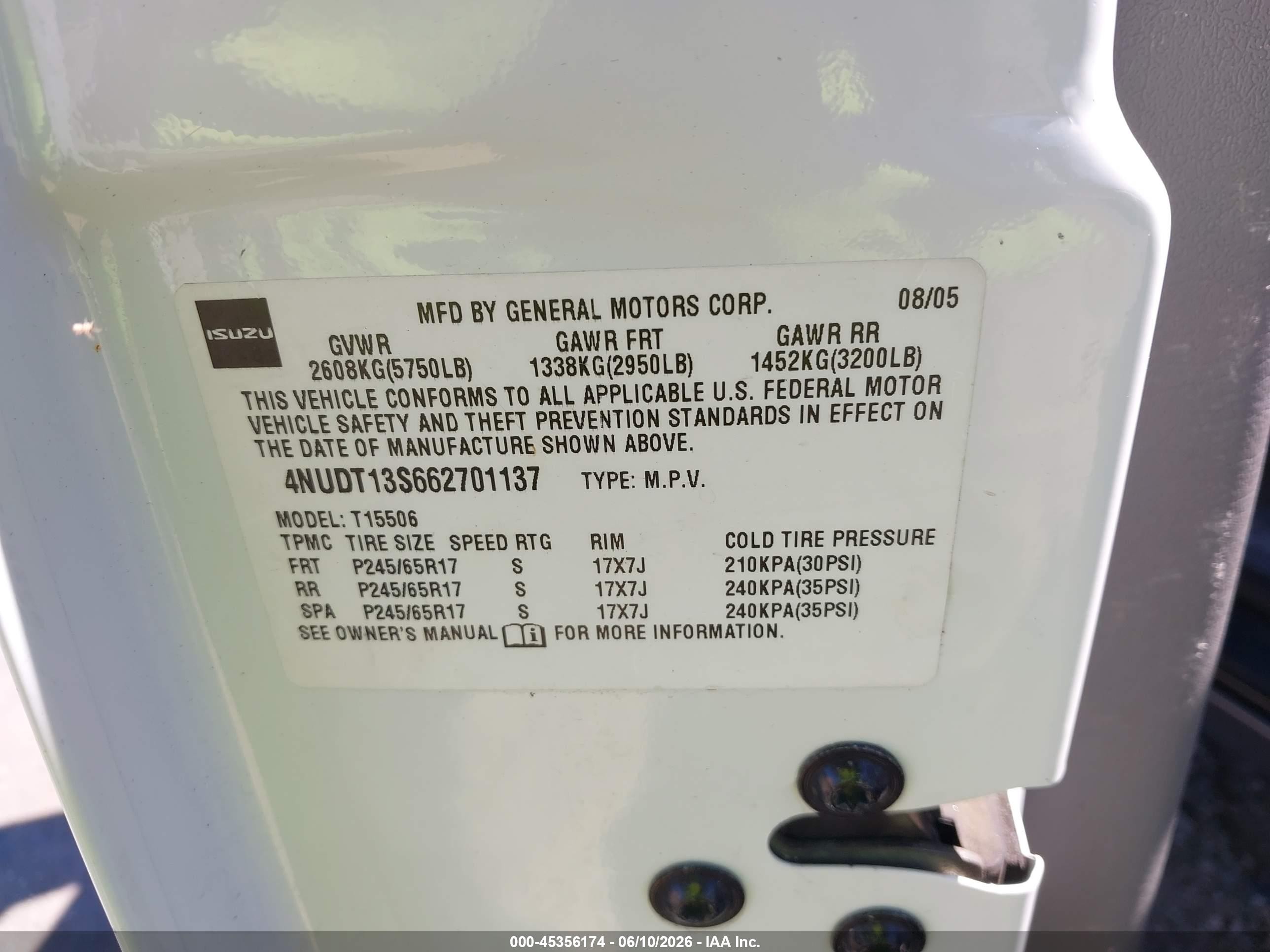 2006 Isuzu Ascender VIN 4NUDT13S662701137 IAAI salvage auction — Normal Wear, Clear - Dealer Only (California), sold $375 on 2026-07-09 (photo 9)