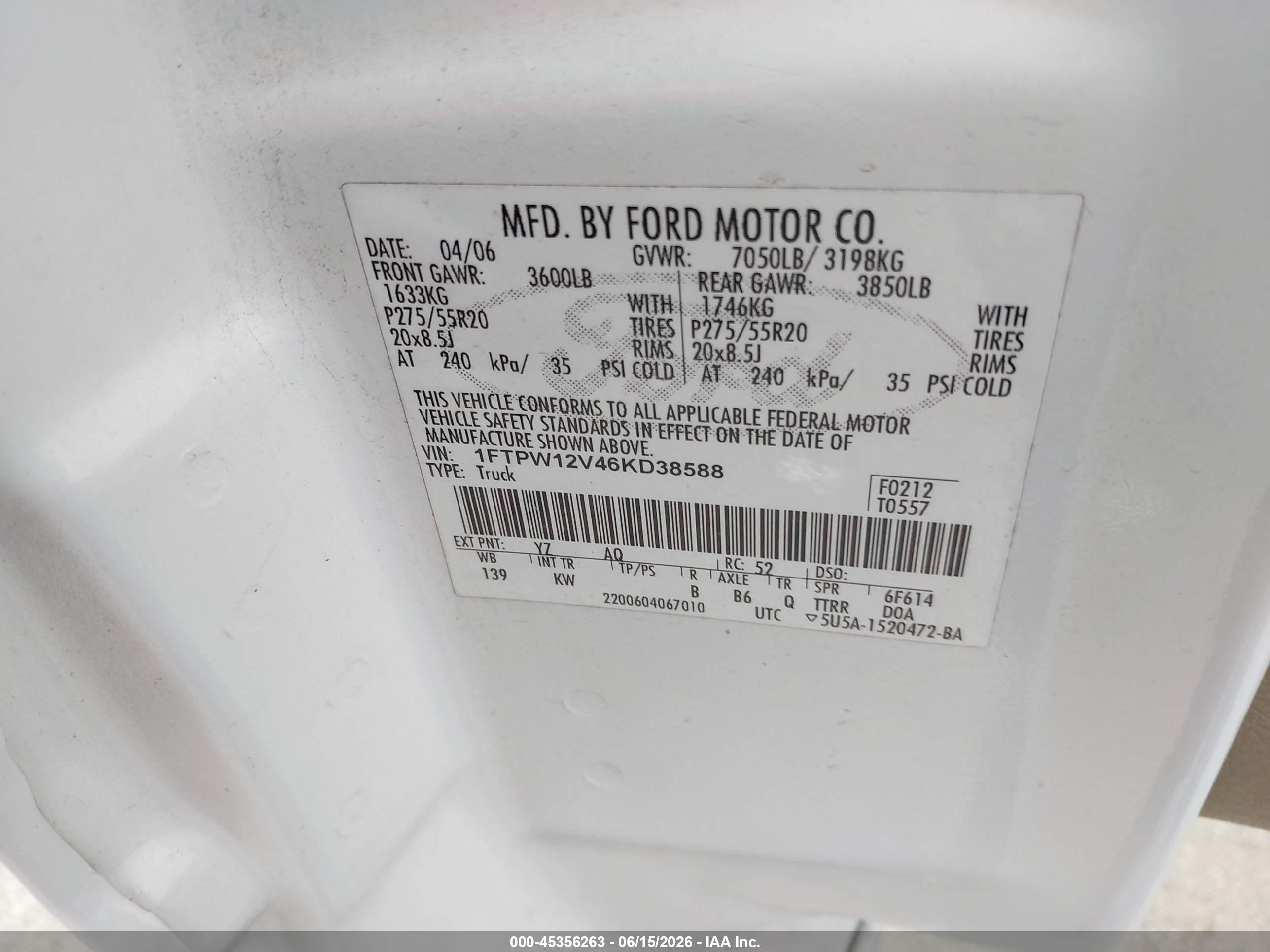 2006 Ford F-150 VIN 1FTPW12V46KD38588 IAAI salvage auction — Front & Rear, Original (Texas), sold $1,200 on 2026-07-11 (photo 9)