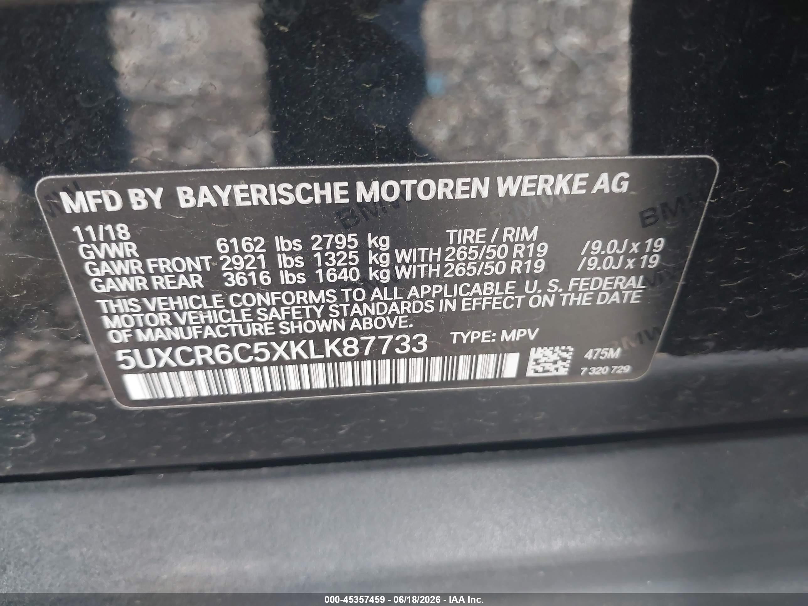 2019 BMW X5 VIN 5UXCR6C5XKLK87733 IAAI salvage auction — Front End, Clear (Arkansas), sold $15,000 on 2026-09-12 (photo 9)
