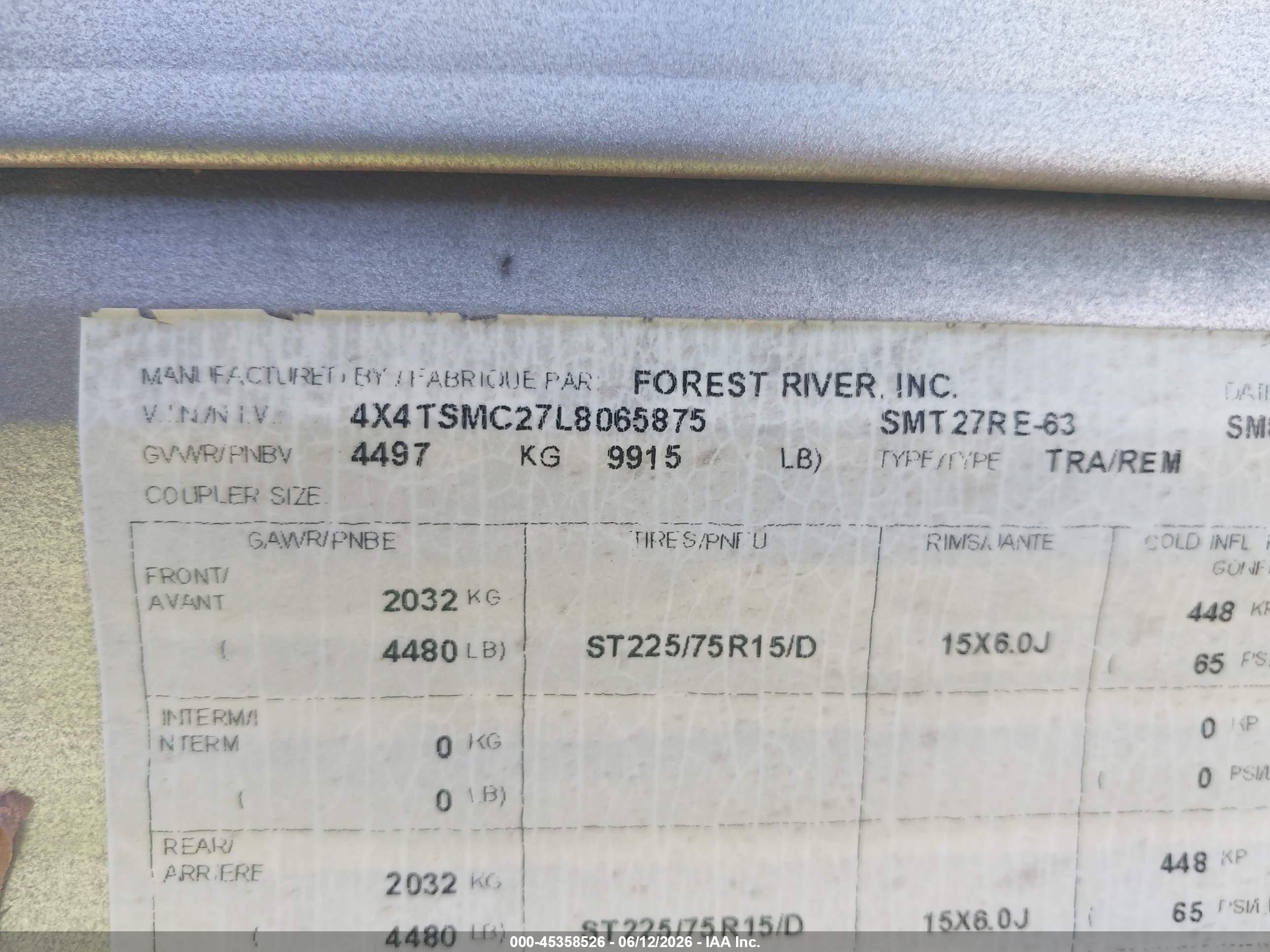 2020 Forest river Salem VIN 4X4TSMC27L8065875 IAAI salvage auction — Unknown, Salvage (Louisiana), sold $5,000 on 2026-08-27 (photo 9)